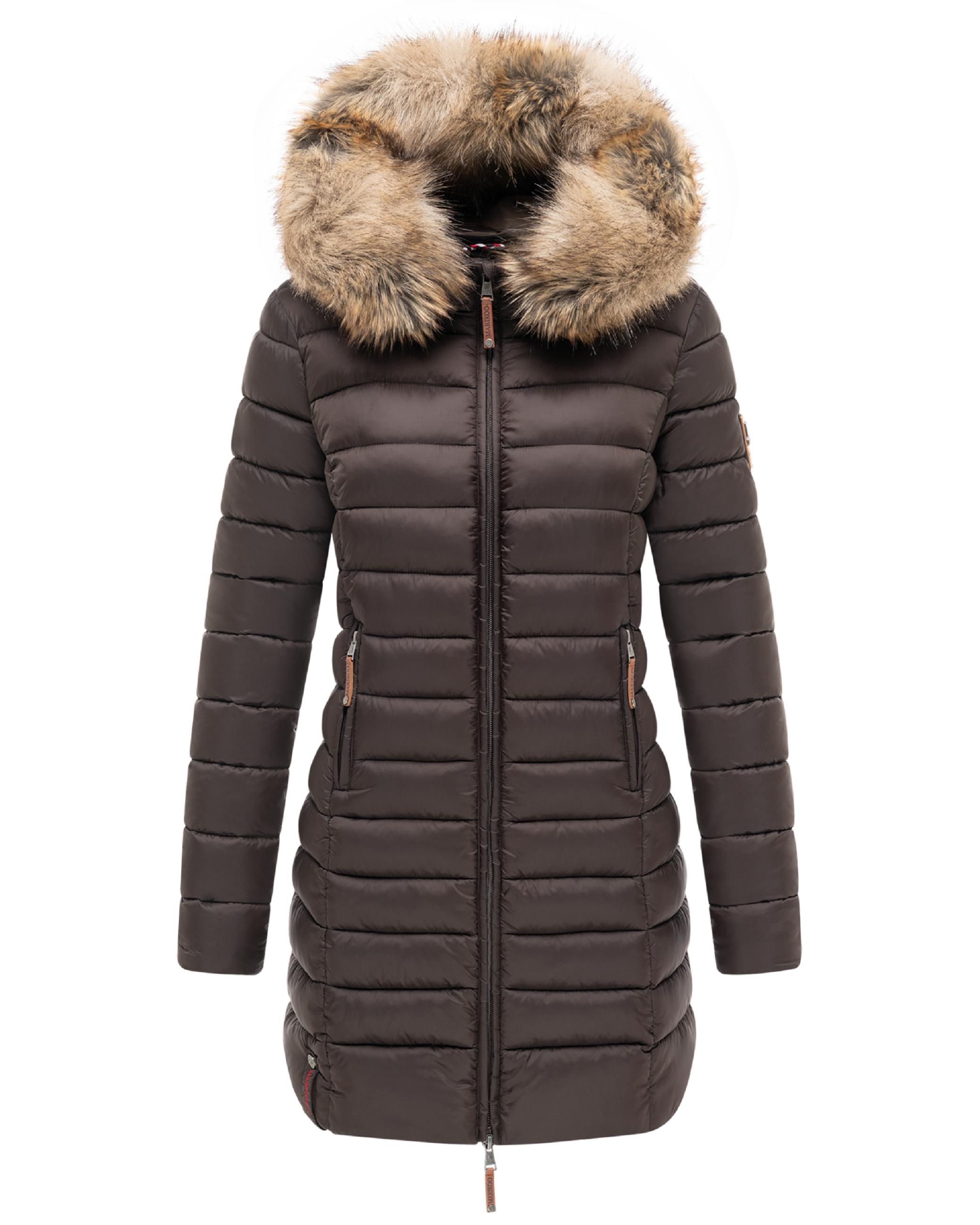 Langer Winter Steppmantel mit Kunstfellkapuze "Rose-Stepp" Choco