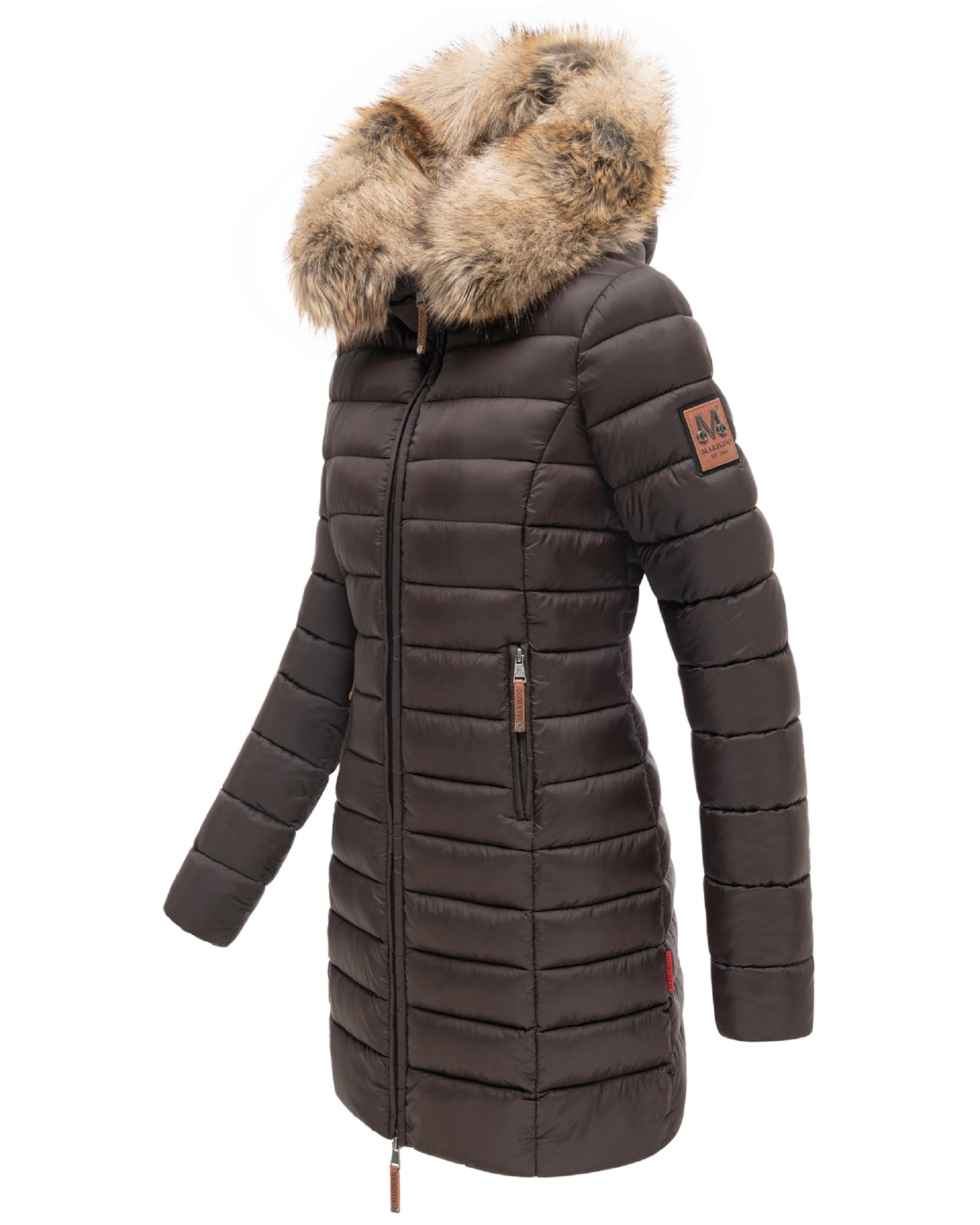 Langer Winter Steppmantel mit Kunstfellkapuze "Rose-Stepp" Choco