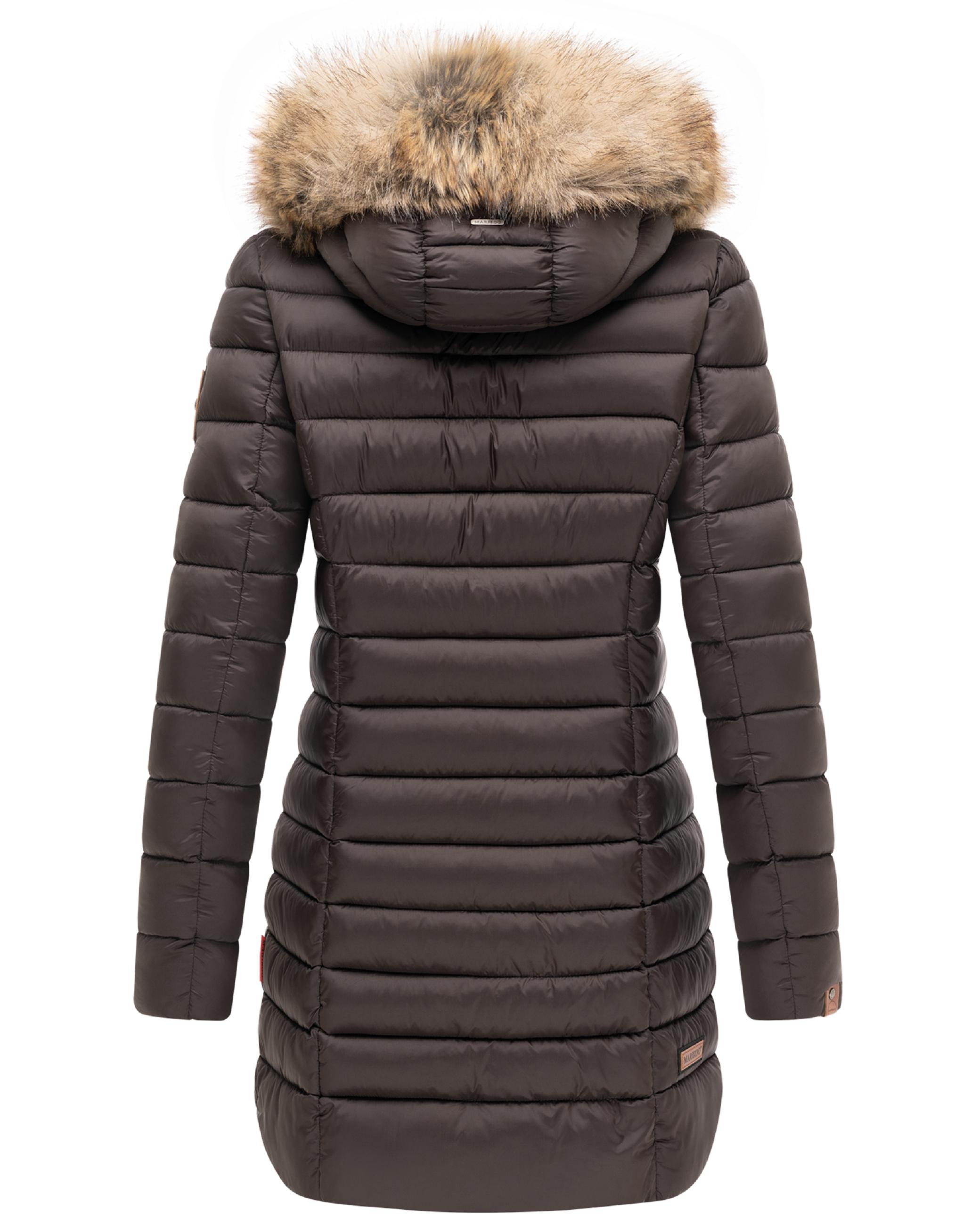 Langer Winter Steppmantel mit Kunstfellkapuze "Rose-Stepp" Choco