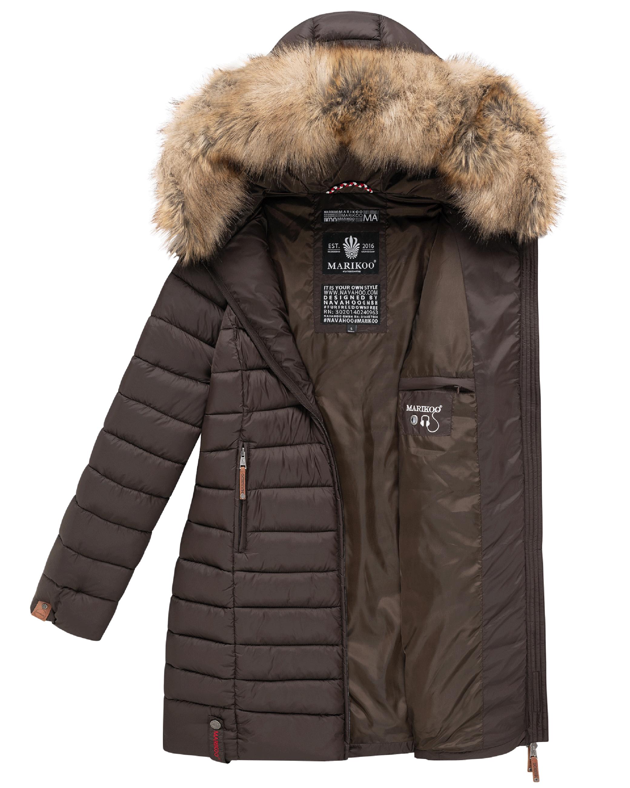 Langer Winter Steppmantel mit Kunstfellkapuze "Rose-Stepp" Choco