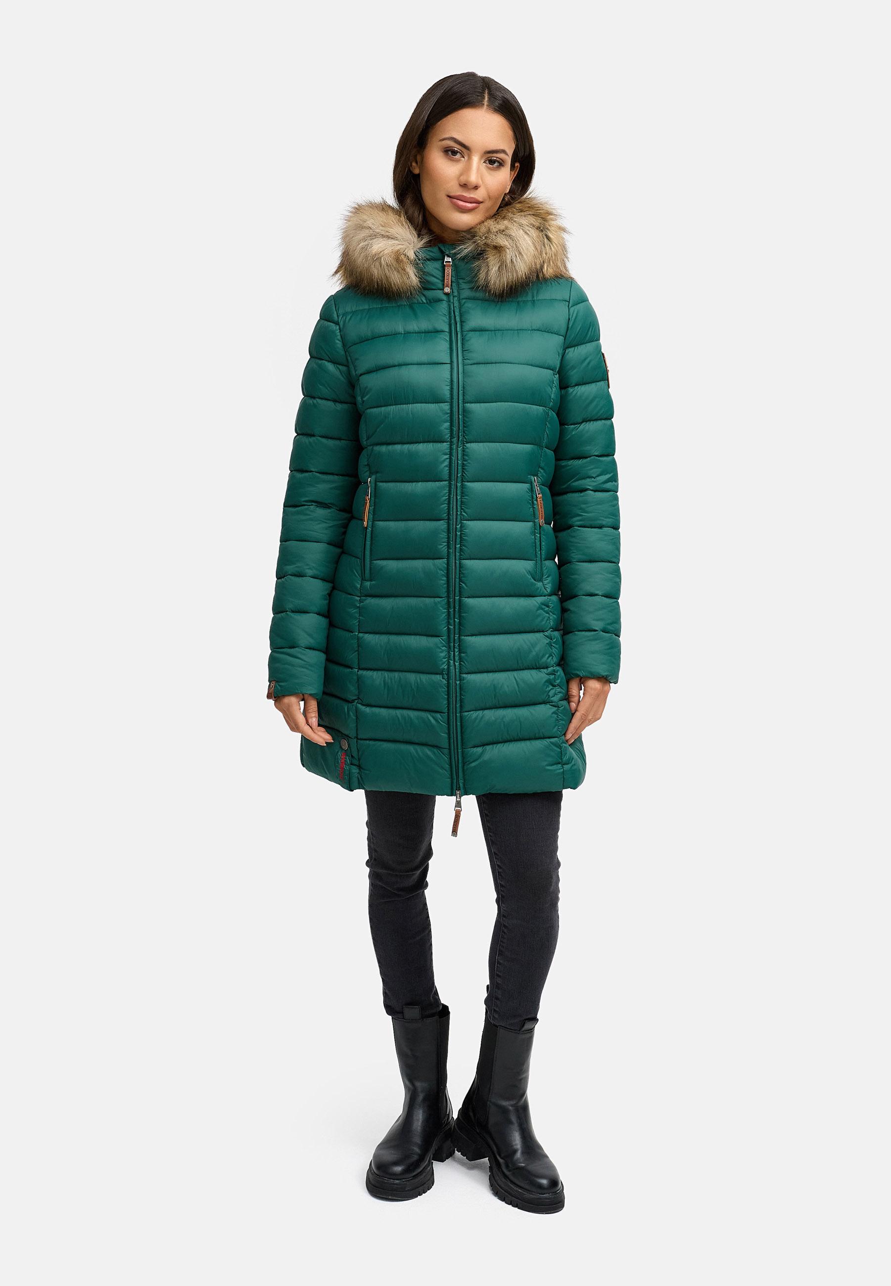 Langer Winter Steppmantel mit Kunstfellkapuze "Rose-Stepp" Evergreen