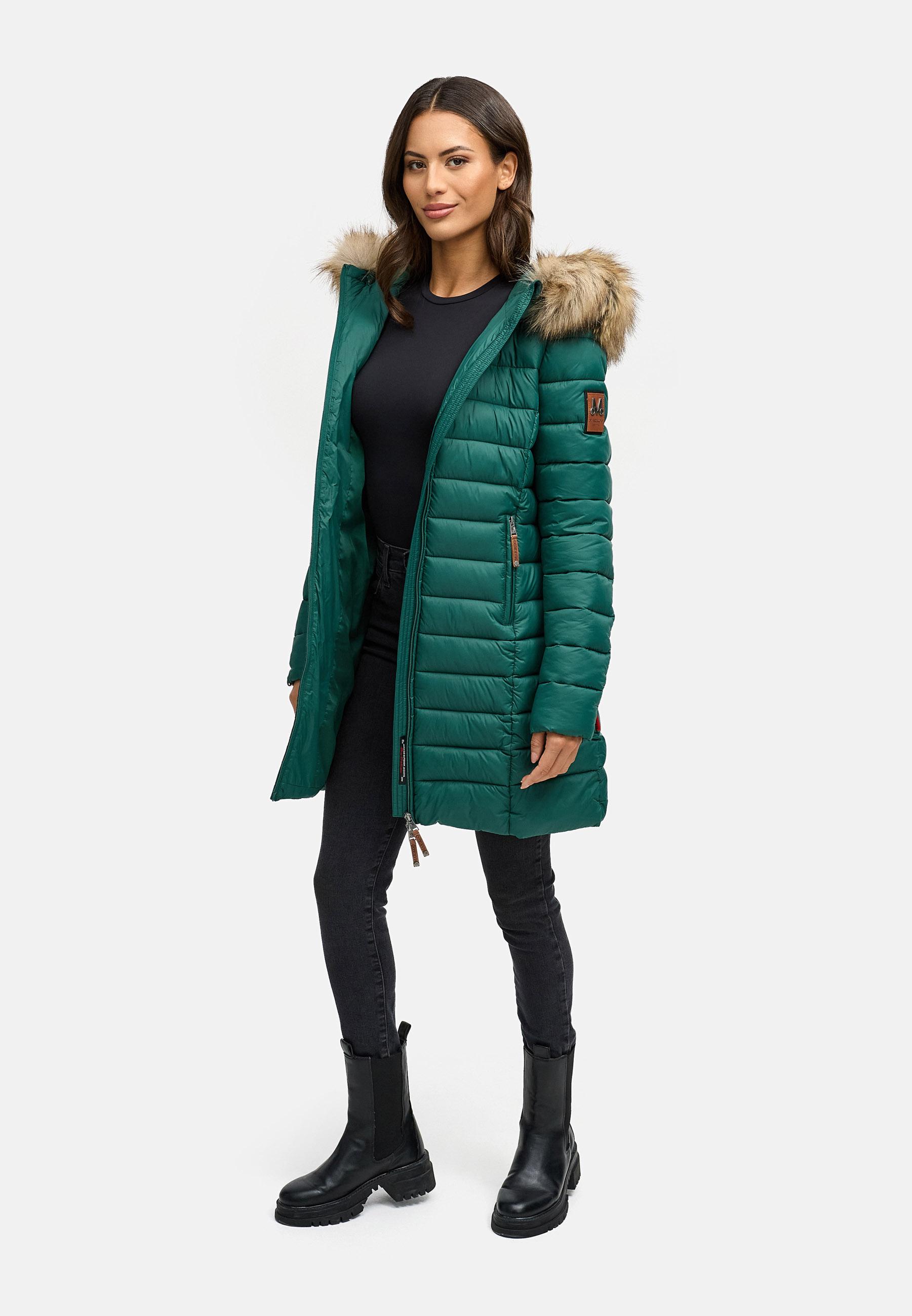 Langer Winter Steppmantel mit Kunstfellkapuze "Rose-Stepp" Evergreen