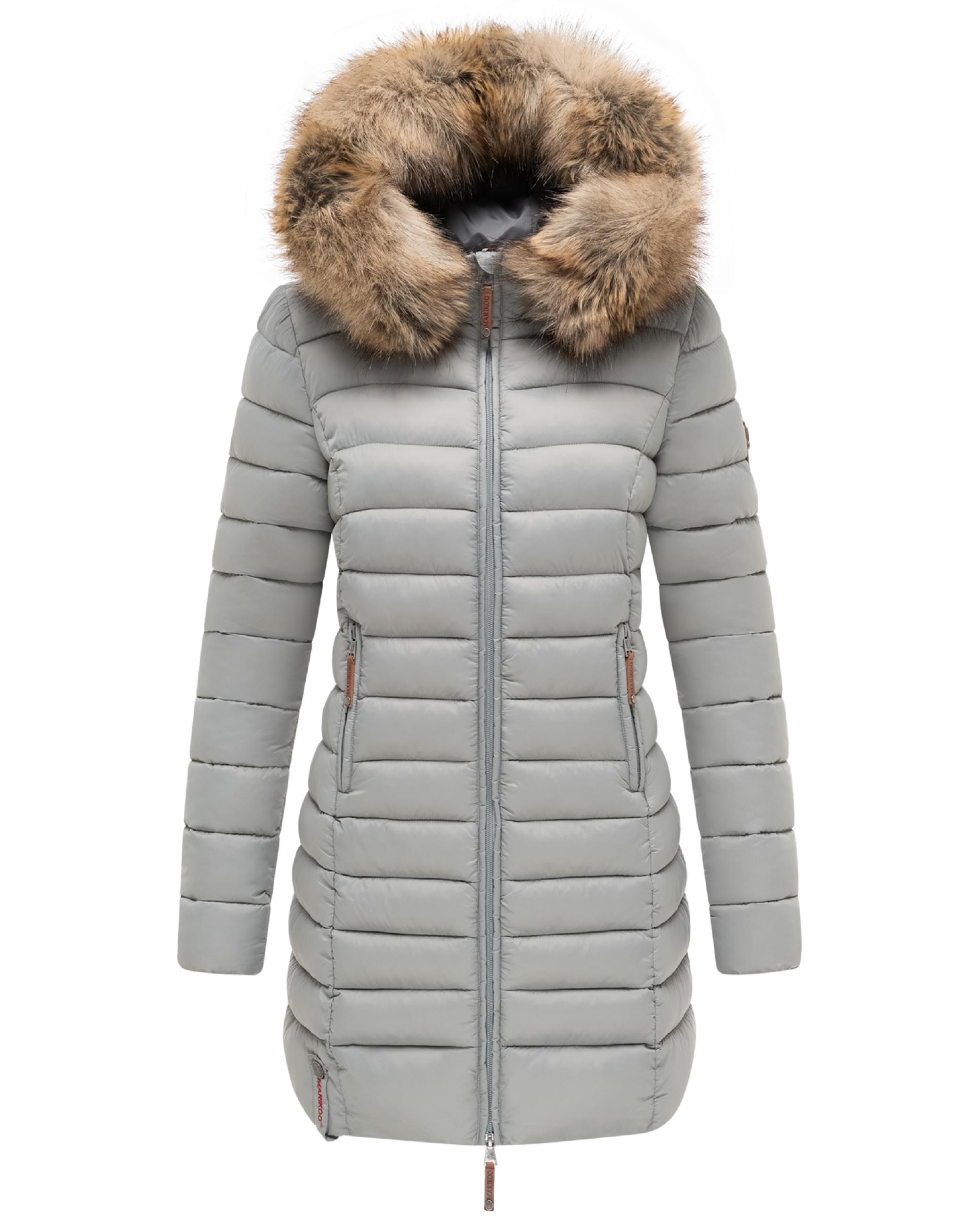 Langer Winter Steppmantel mit Kunstfellkapuze "Rose-Stepp" Grau