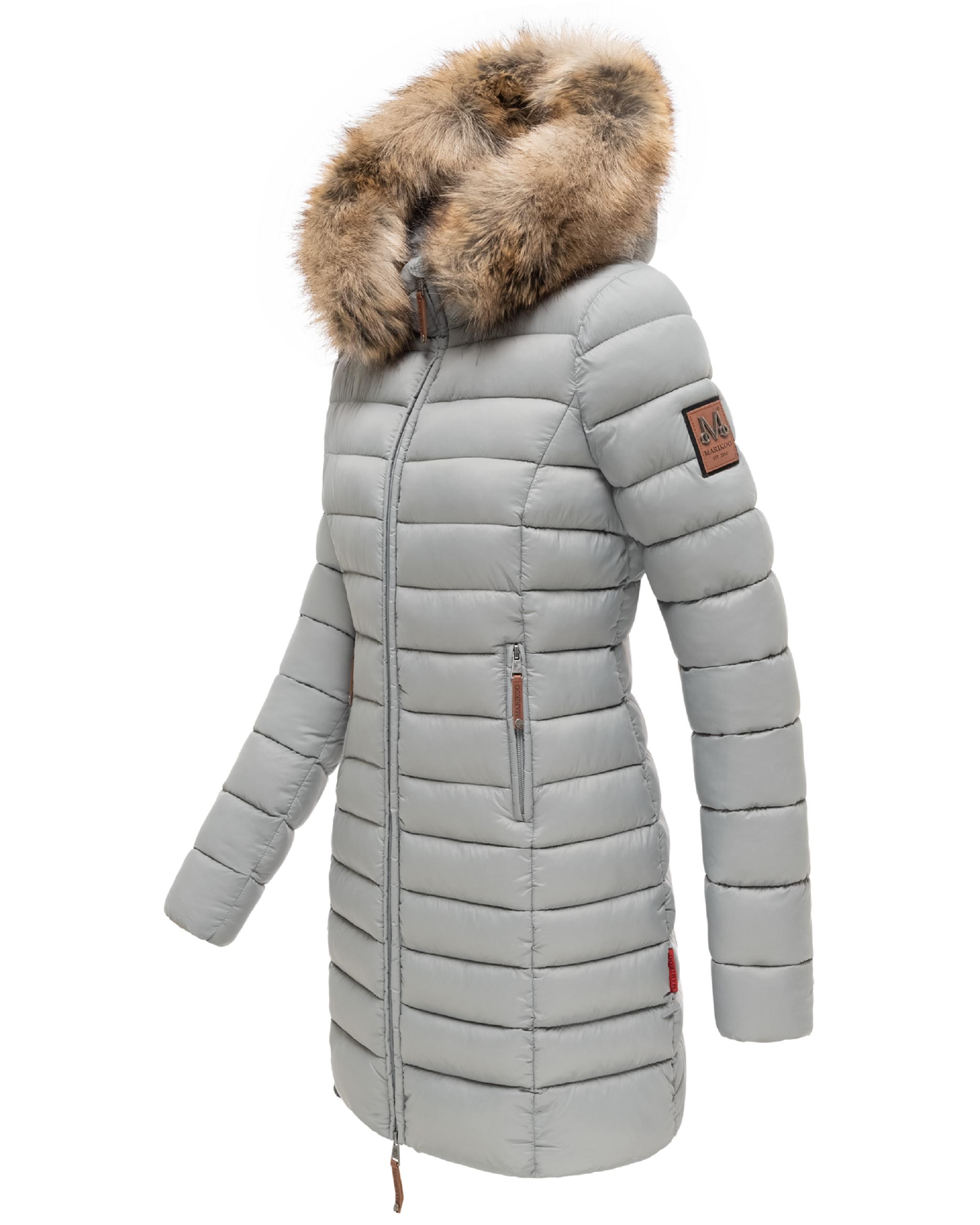 Langer Winter Steppmantel mit Kunstfellkapuze "Rose-Stepp" Grau
