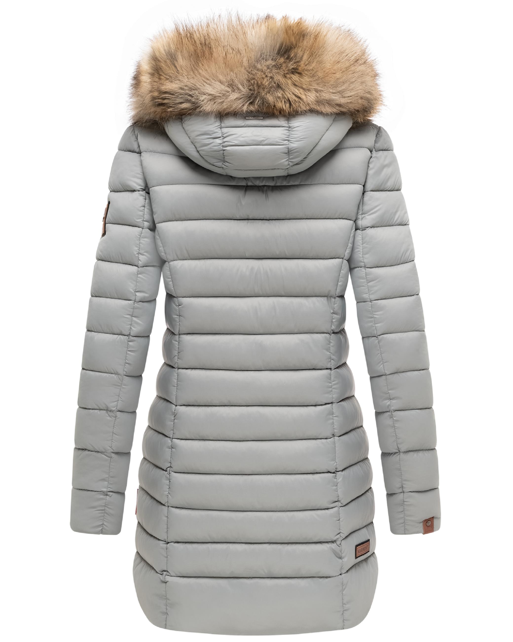 Langer Winter Steppmantel mit Kunstfellkapuze "Rose-Stepp" Grau