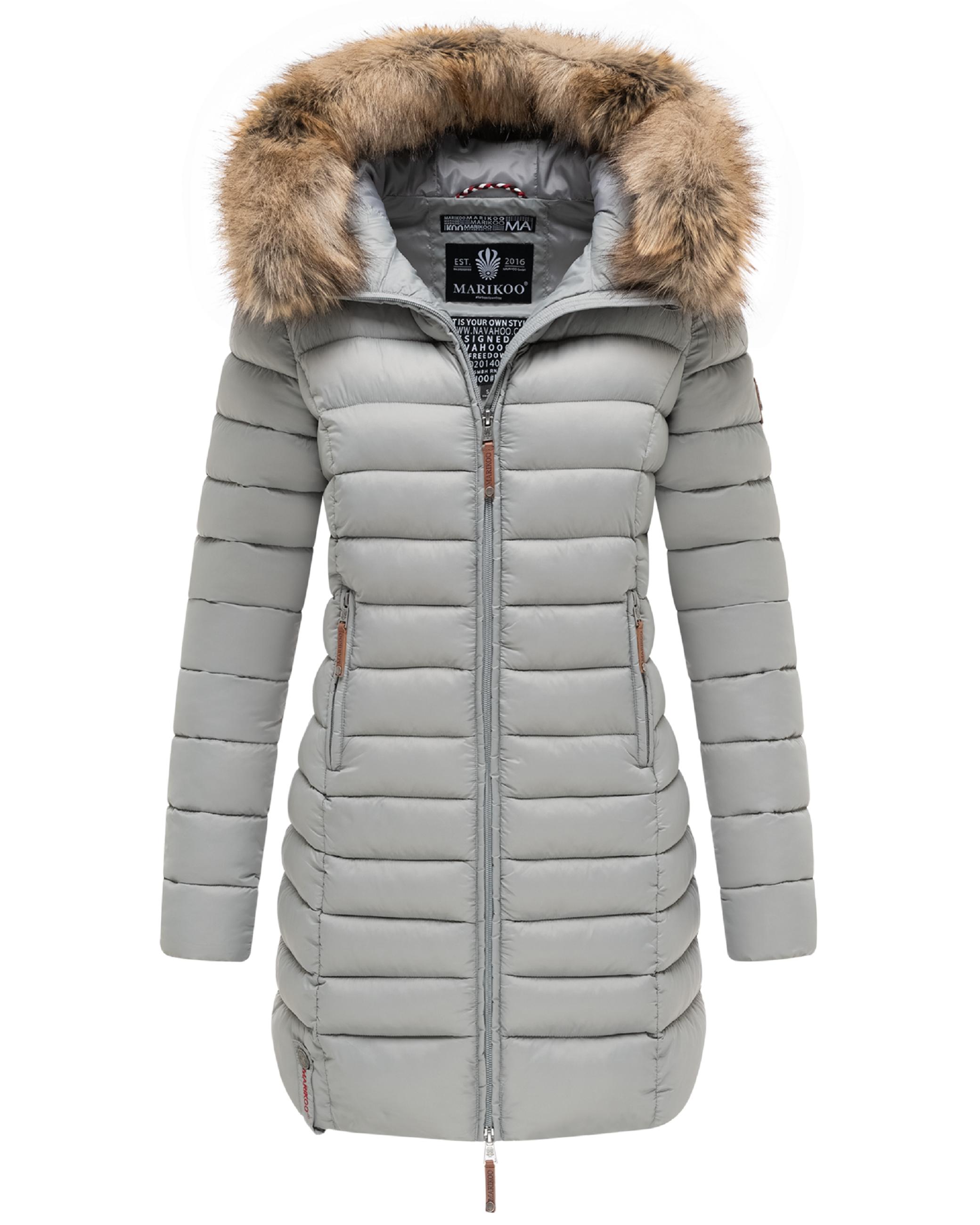 Langer Winter Steppmantel mit Kunstfellkapuze "Rose-Stepp" Grau