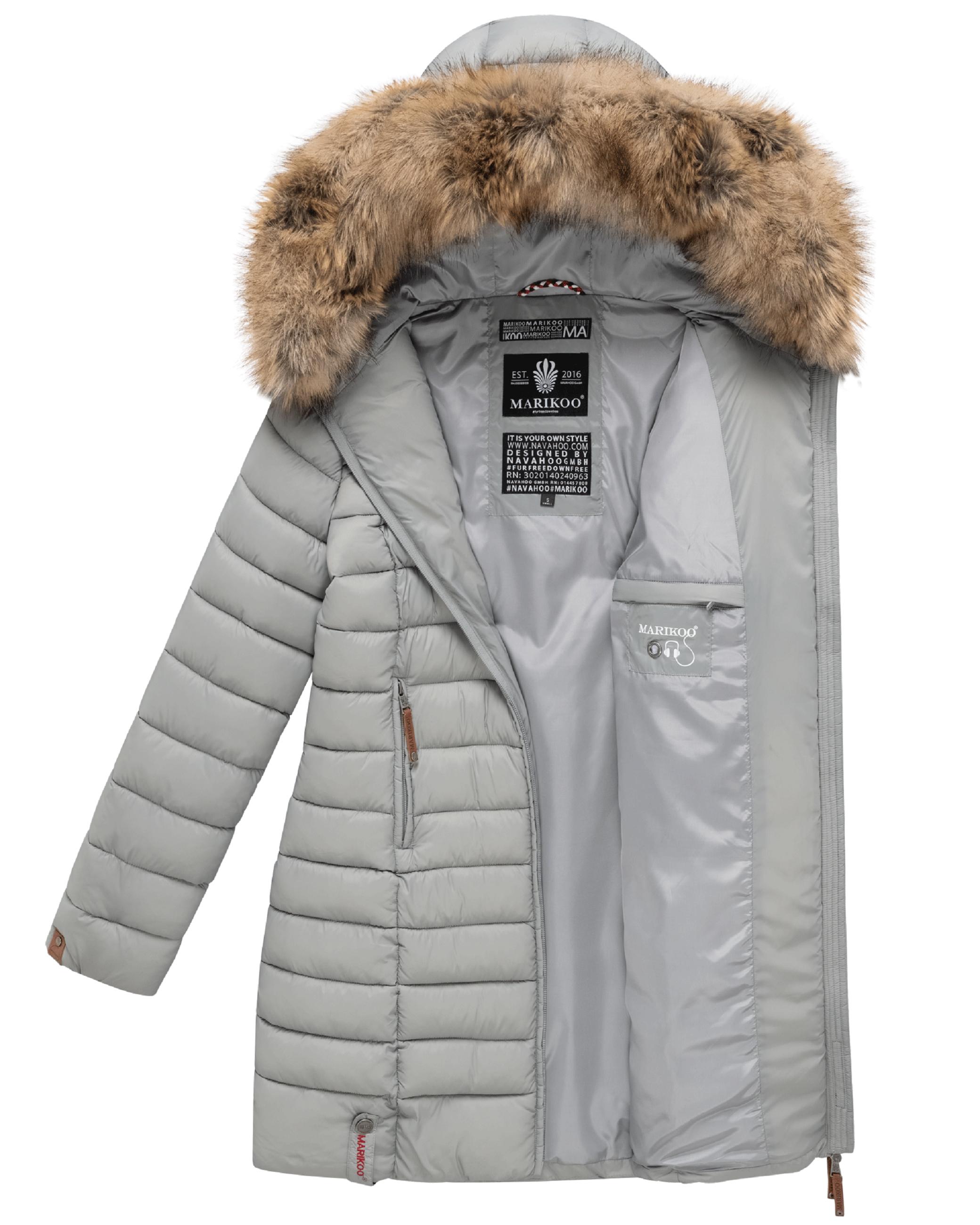 Langer Winter Steppmantel mit Kunstfellkapuze "Rose-Stepp" Grau