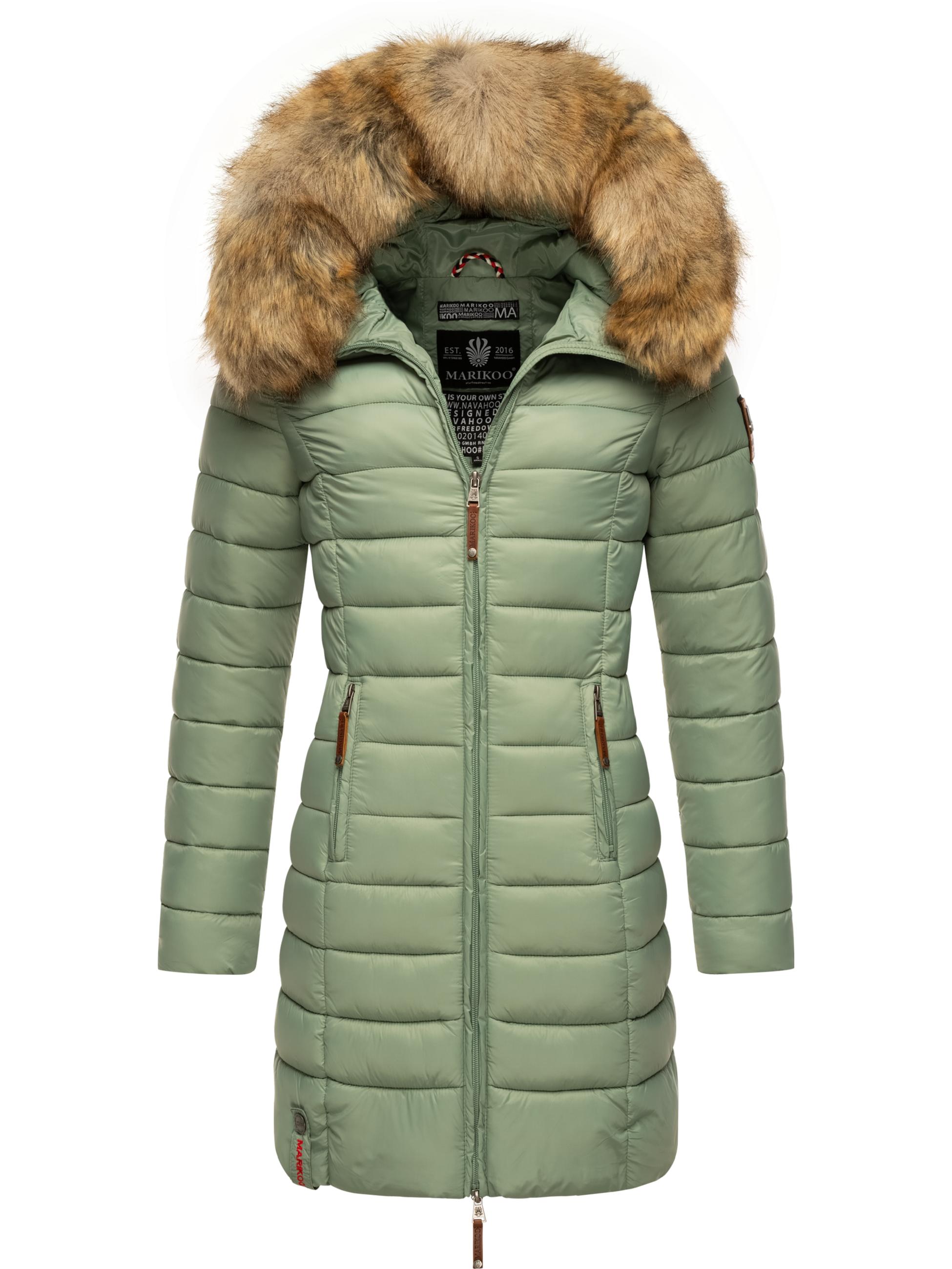 Langer Winter Steppmantel mit Kunstfellkapuze "Rose-Stepp" Smokey Mint