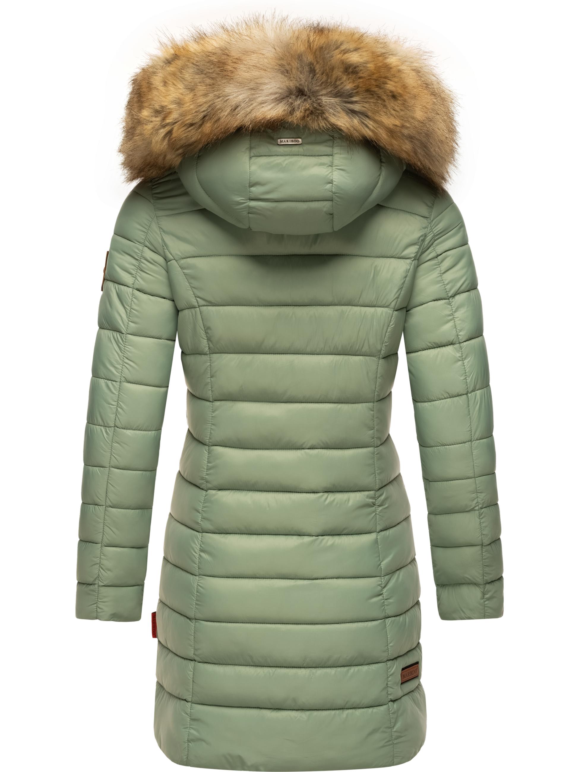 Langer Winter Steppmantel mit Kunstfellkapuze "Rose-Stepp" Smokey Mint