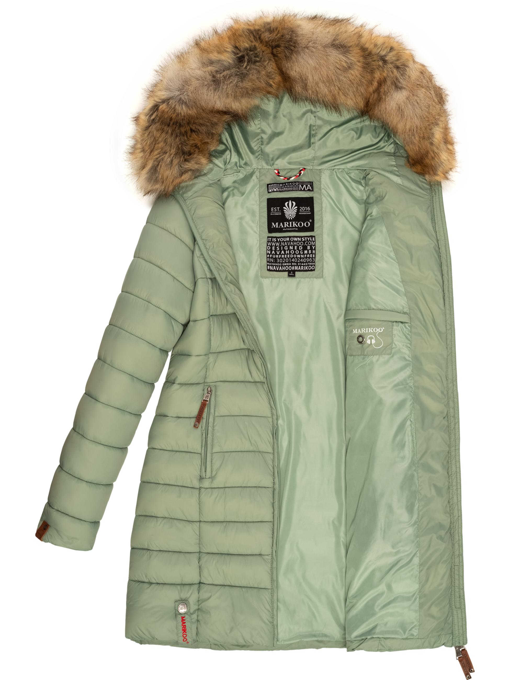 Langer Winter Steppmantel mit Kunstfellkapuze "Rose-Stepp" Smokey Mint