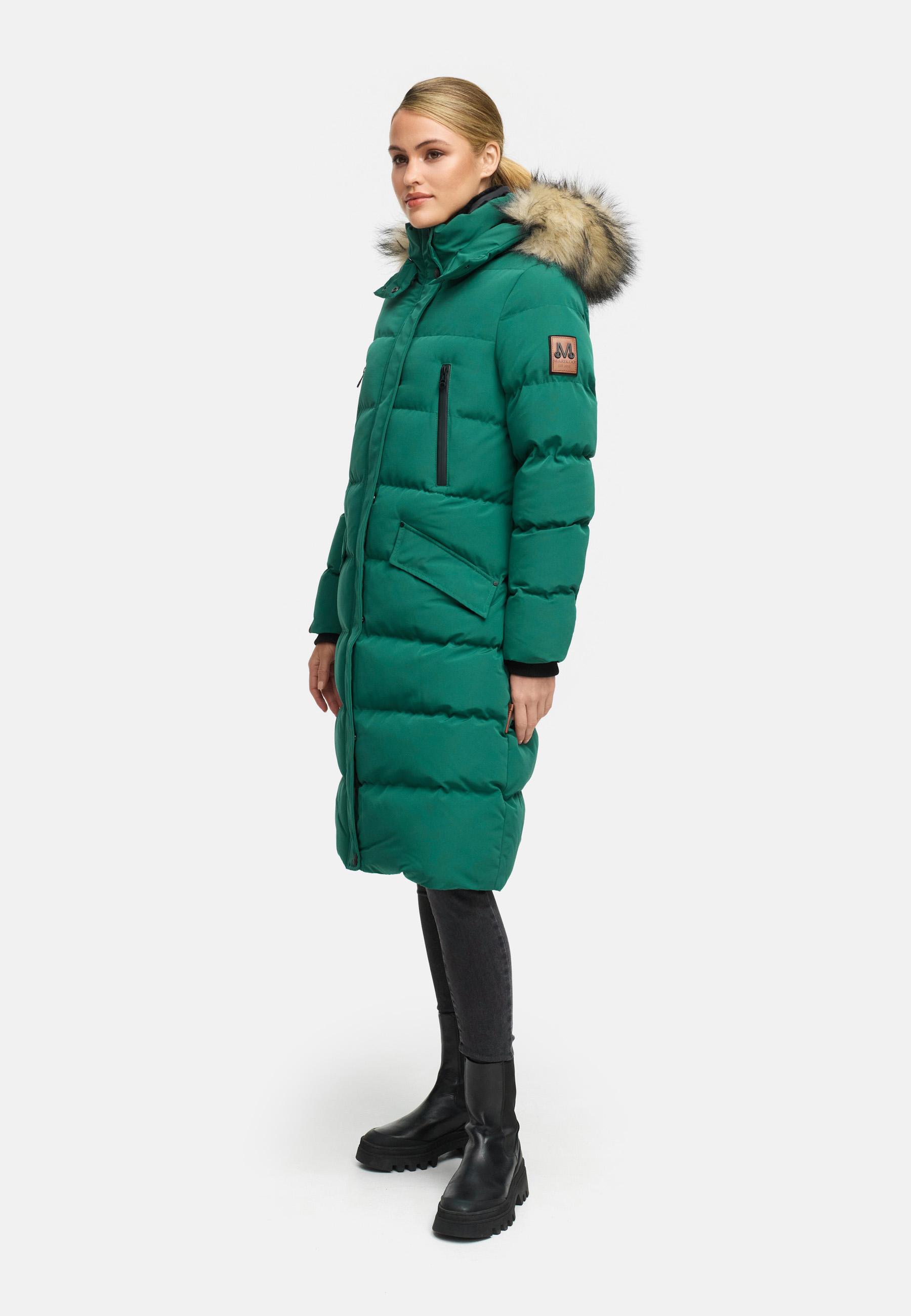 Langer Steppmantel mit abnehmbarer Kunstfellkapuze "Schneesternchen" Ocean Green