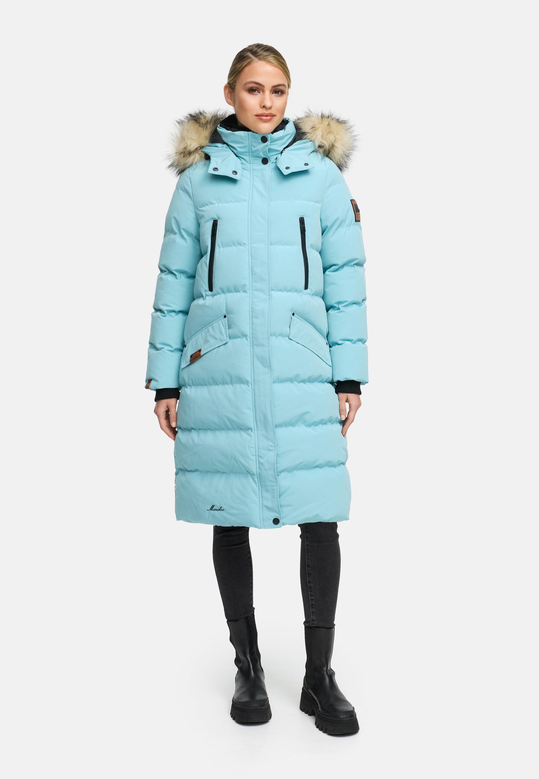 Langer Steppmantel mit abnehmbarer Kunstfellkapuze "Schneesternchen" Sky Blue