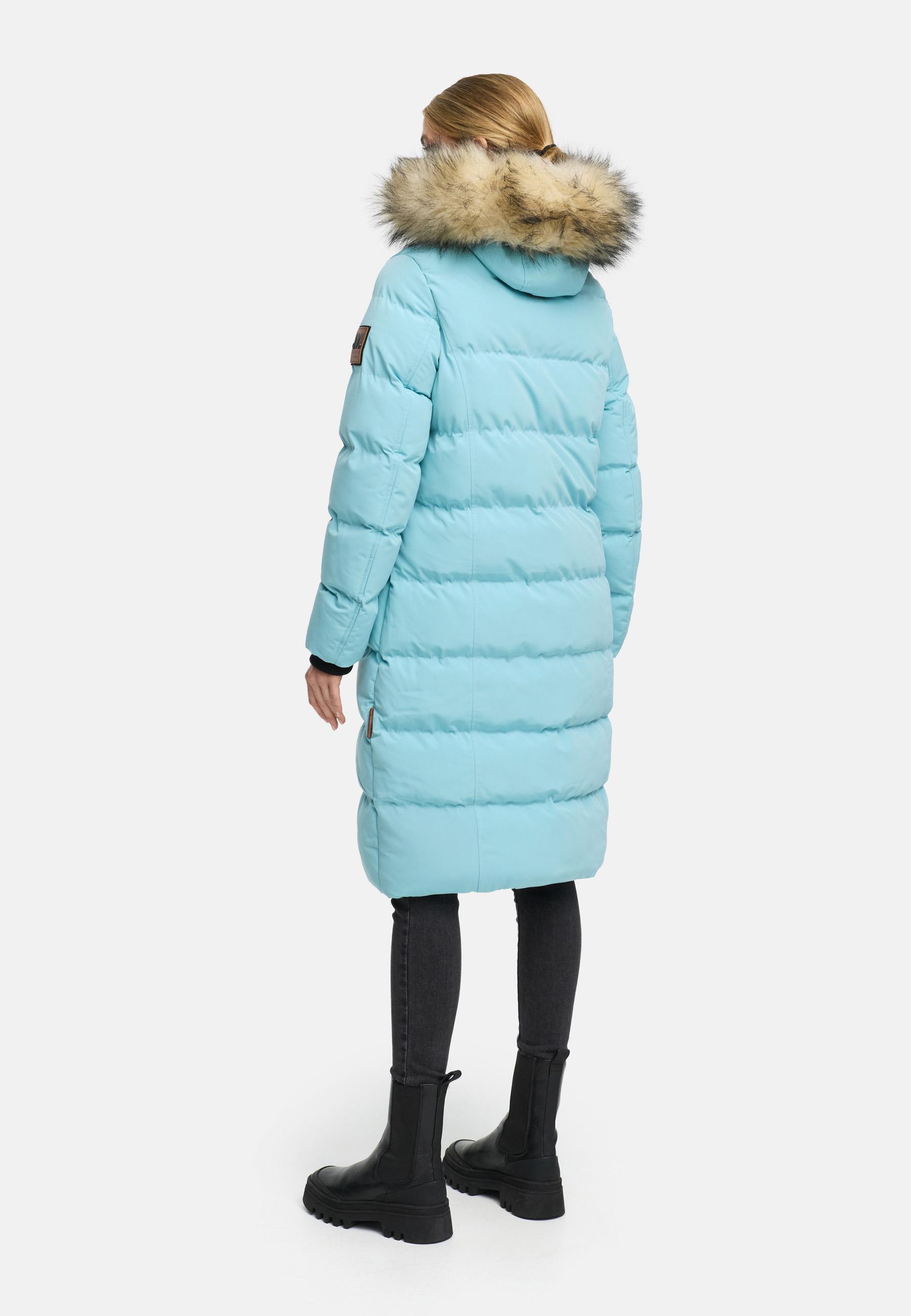 Langer Steppmantel mit abnehmbarer Kunstfellkapuze "Schneesternchen" Sky Blue