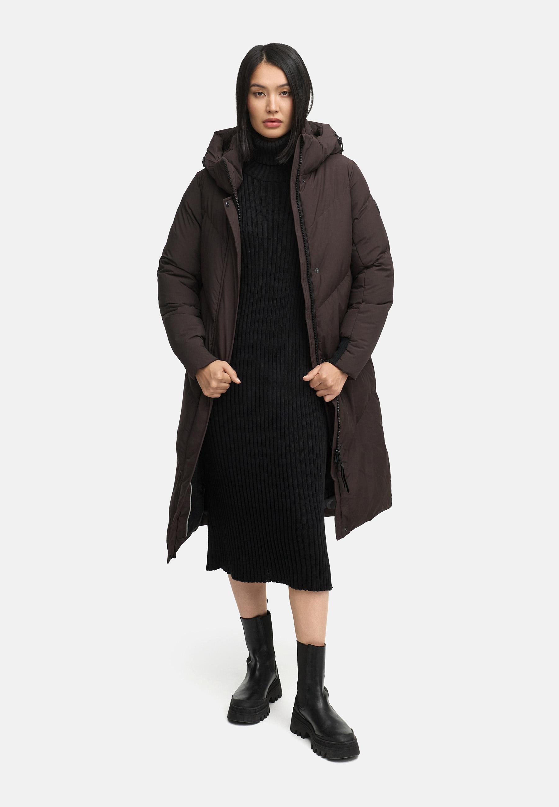 Langer Winter Steppmantel mit abnehmbarer Kapuze "Teonaa 16" Choco