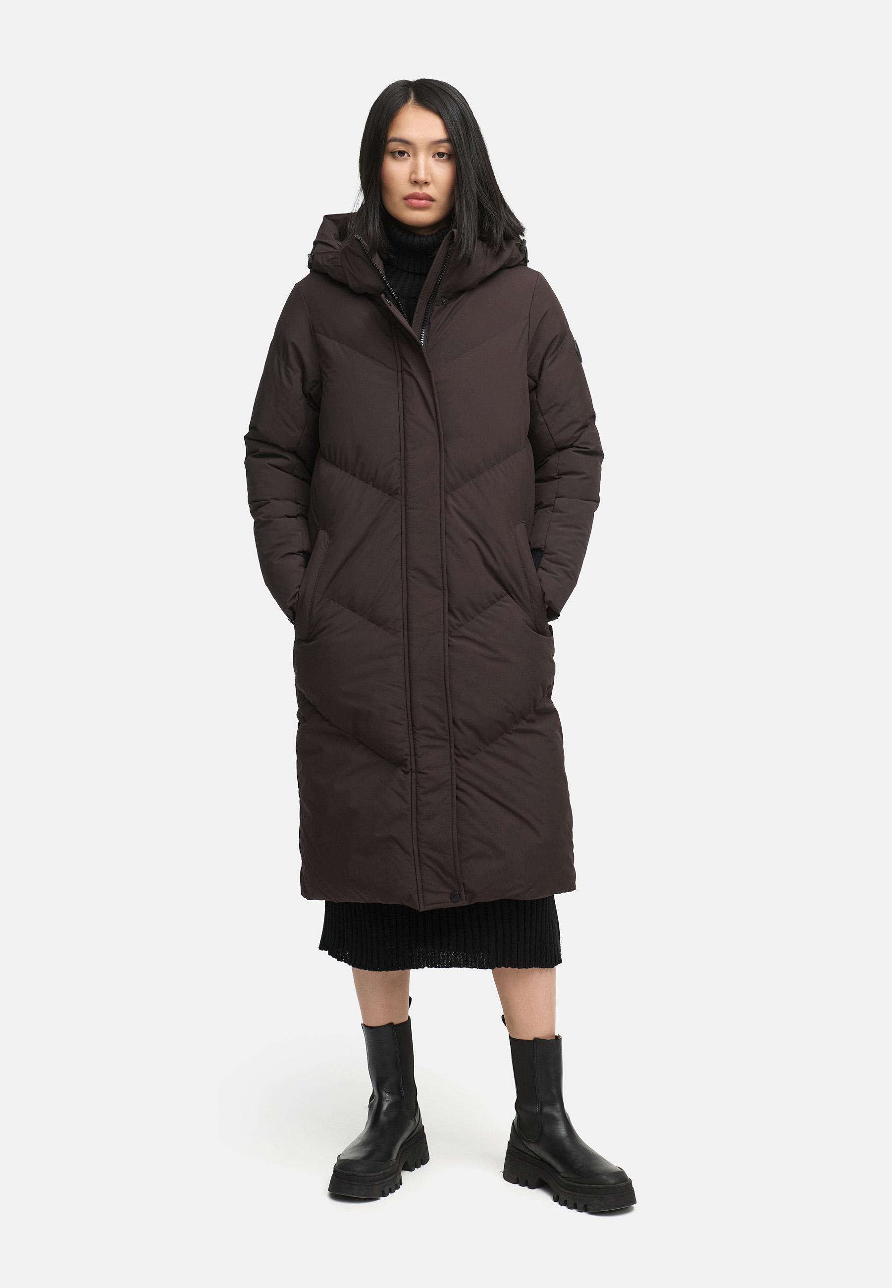 Langer Winter Steppmantel mit abnehmbarer Kapuze "Teonaa 16" Choco