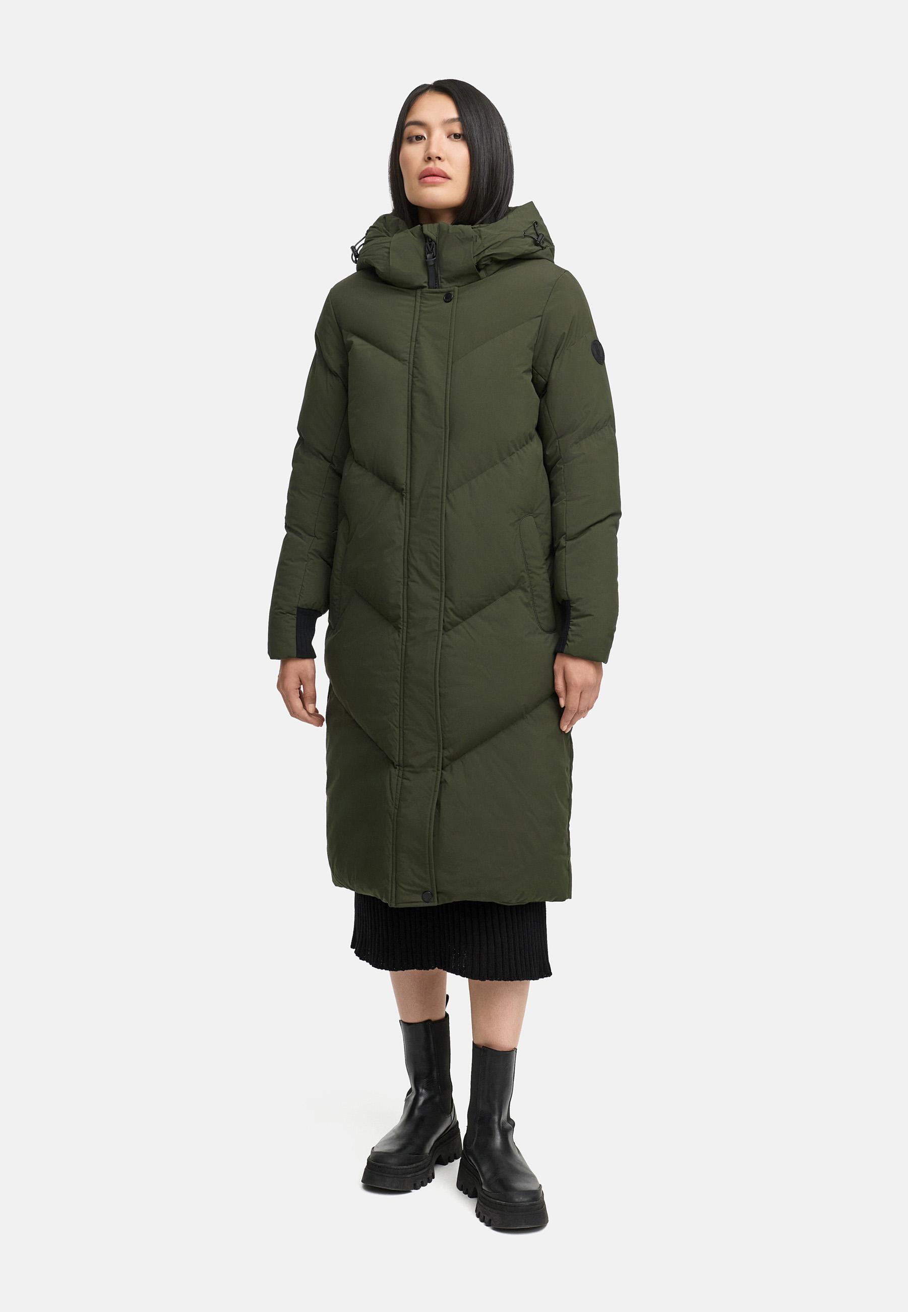 Langer Winter Steppmantel mit abnehmbarer Kapuze "Teonaa 16" Olive