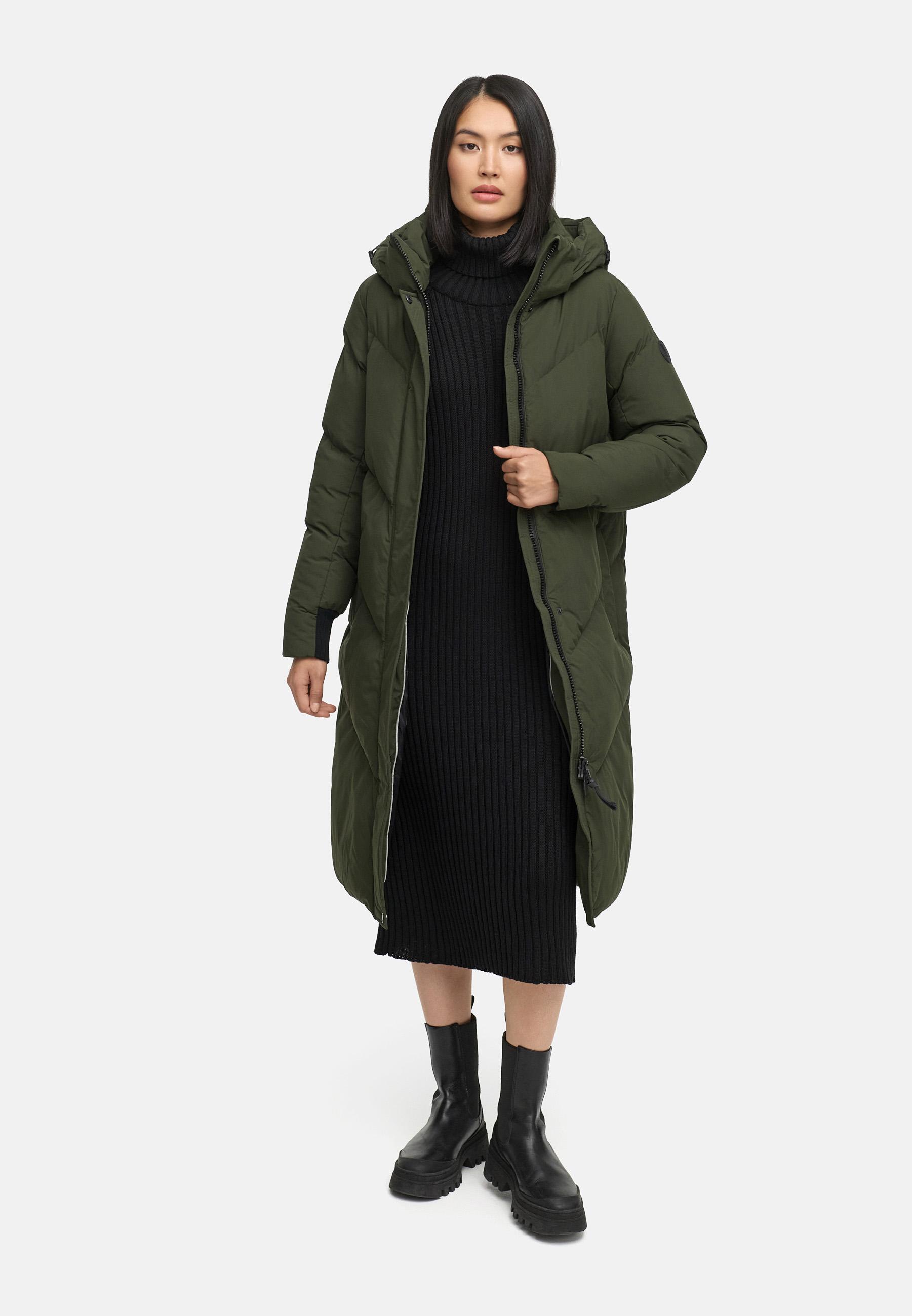 Langer Winter Steppmantel mit abnehmbarer Kapuze "Teonaa 16" Olive
