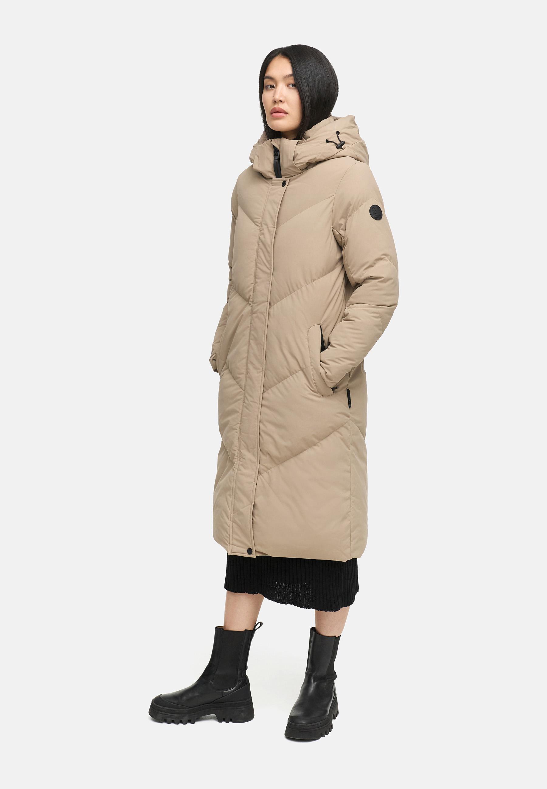 Langer Winter Steppmantel mit abnehmbarer Kapuze "Teonaa 16" Taupe Grey