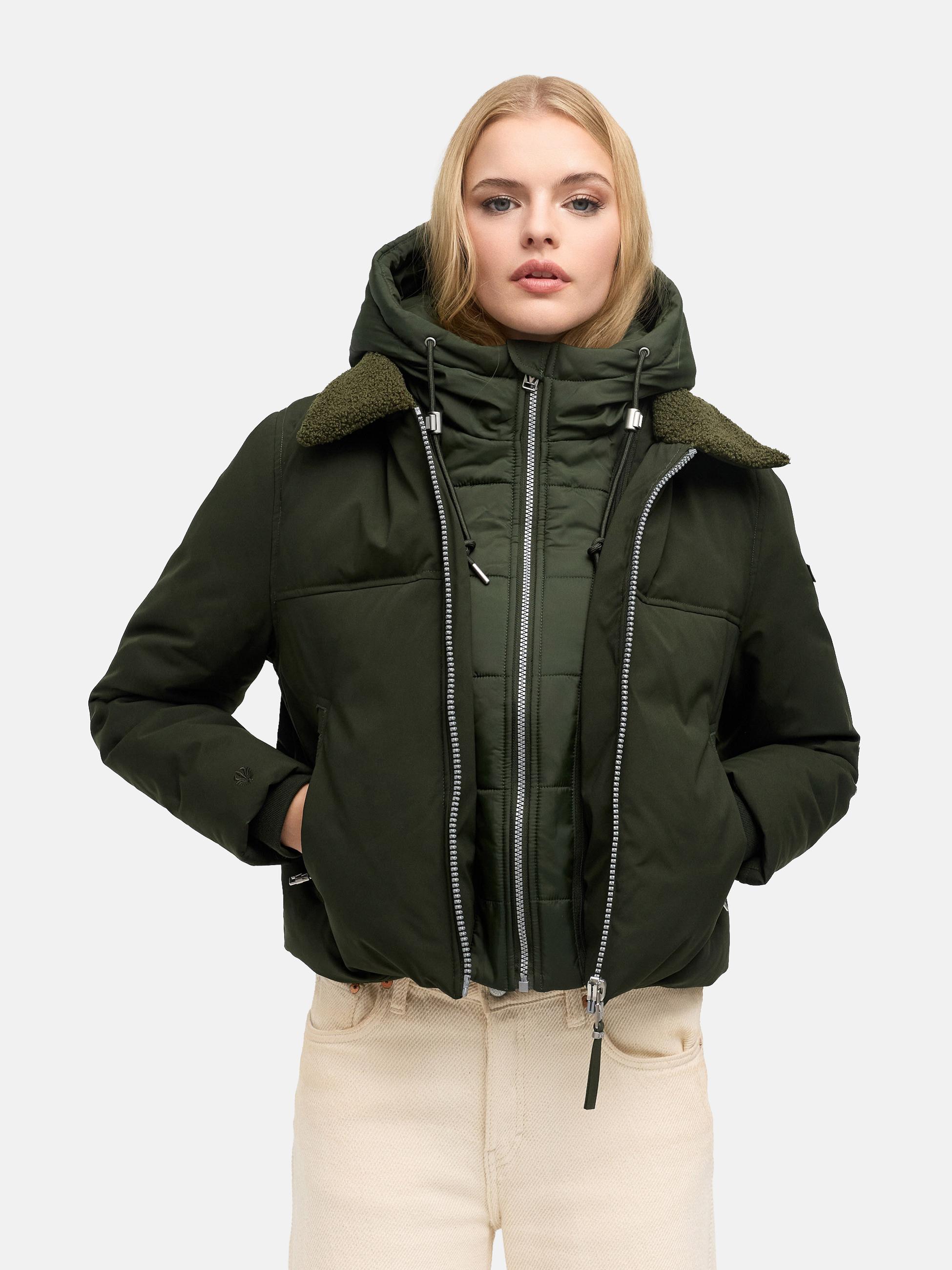 Bomberjacke mit herausnehmbarem Kapuzeneinsatz und Teddypelzkragen "Yurinaa 16" Dark Olive