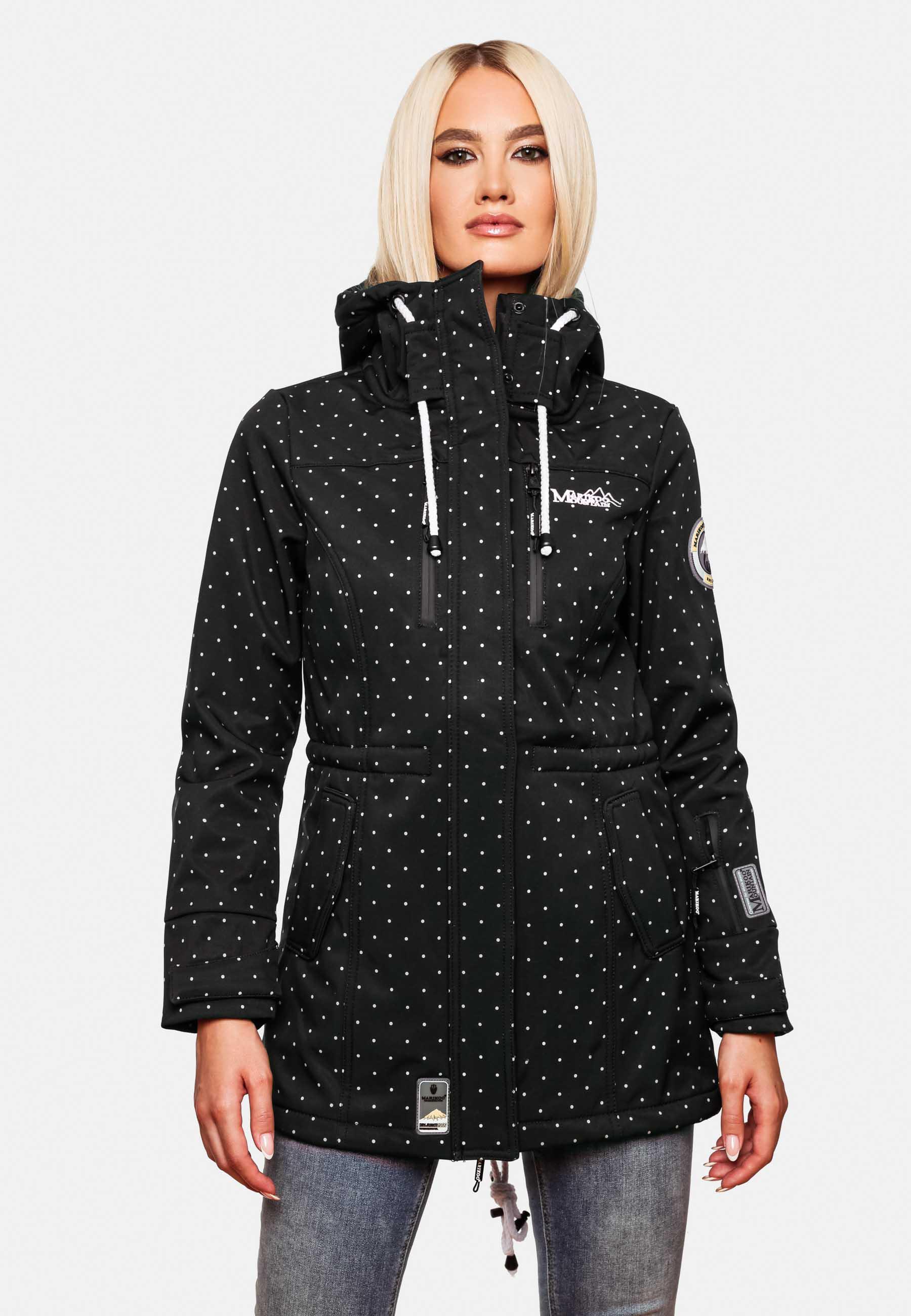 Wasserdichter Übergang Softshell-Mantel mit Kapuze "Zimtzicke" Black Dots