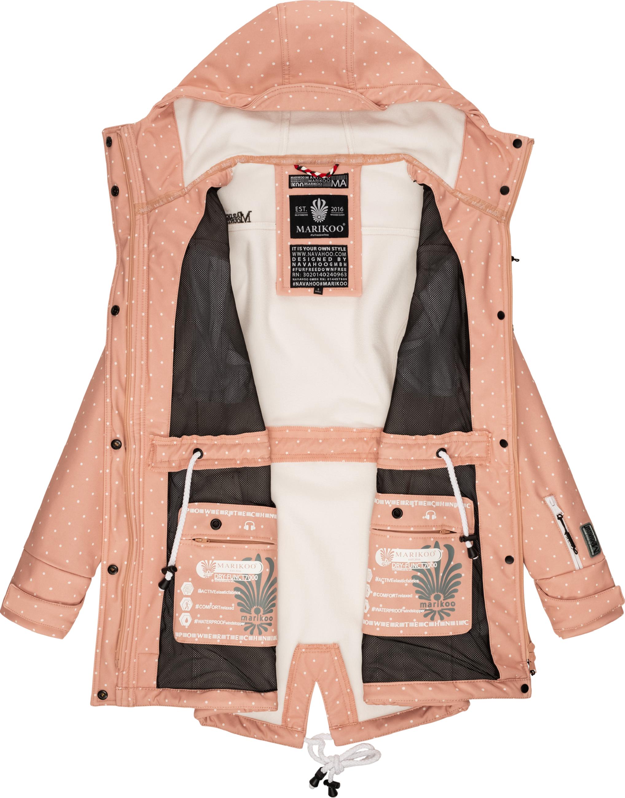 Wasserdichter Übergang Softshell-Mantel mit Kapuze "Zimtzicke" Rose Dots