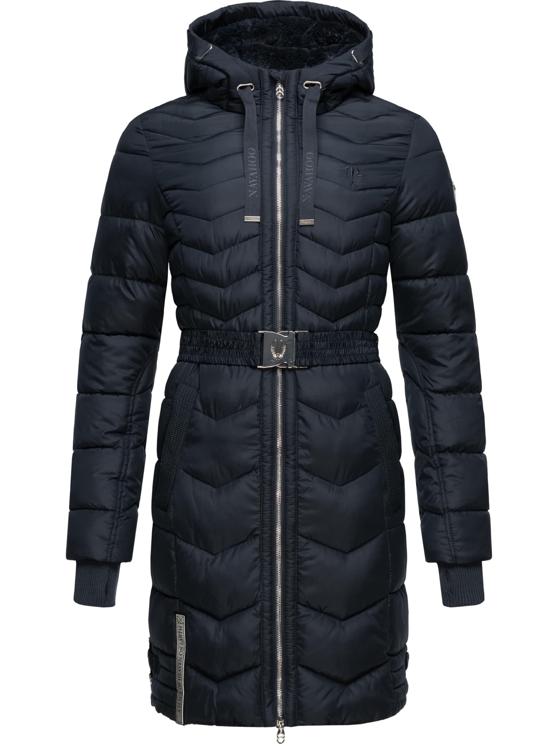 Langer Winter Steppmantel mit Gürtel "Alpenveilchen" Navy