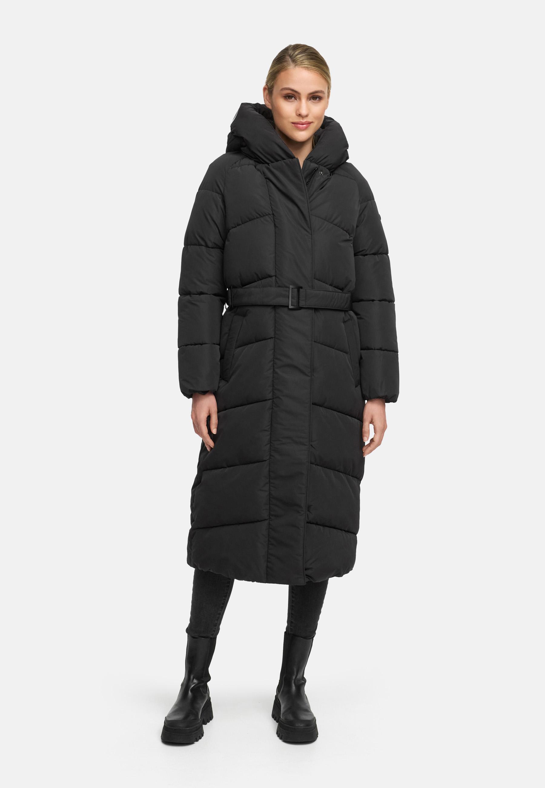 Winter Steppmantel mit Kapuze und Taillengürtel "Eisblick 14" Black