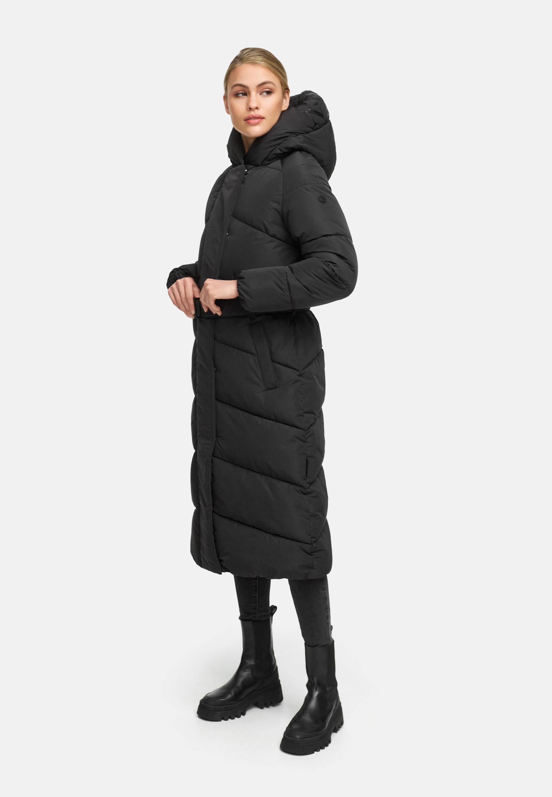 Winter Steppmantel mit Kapuze und Taillengürtel "Eisblick 14" Black