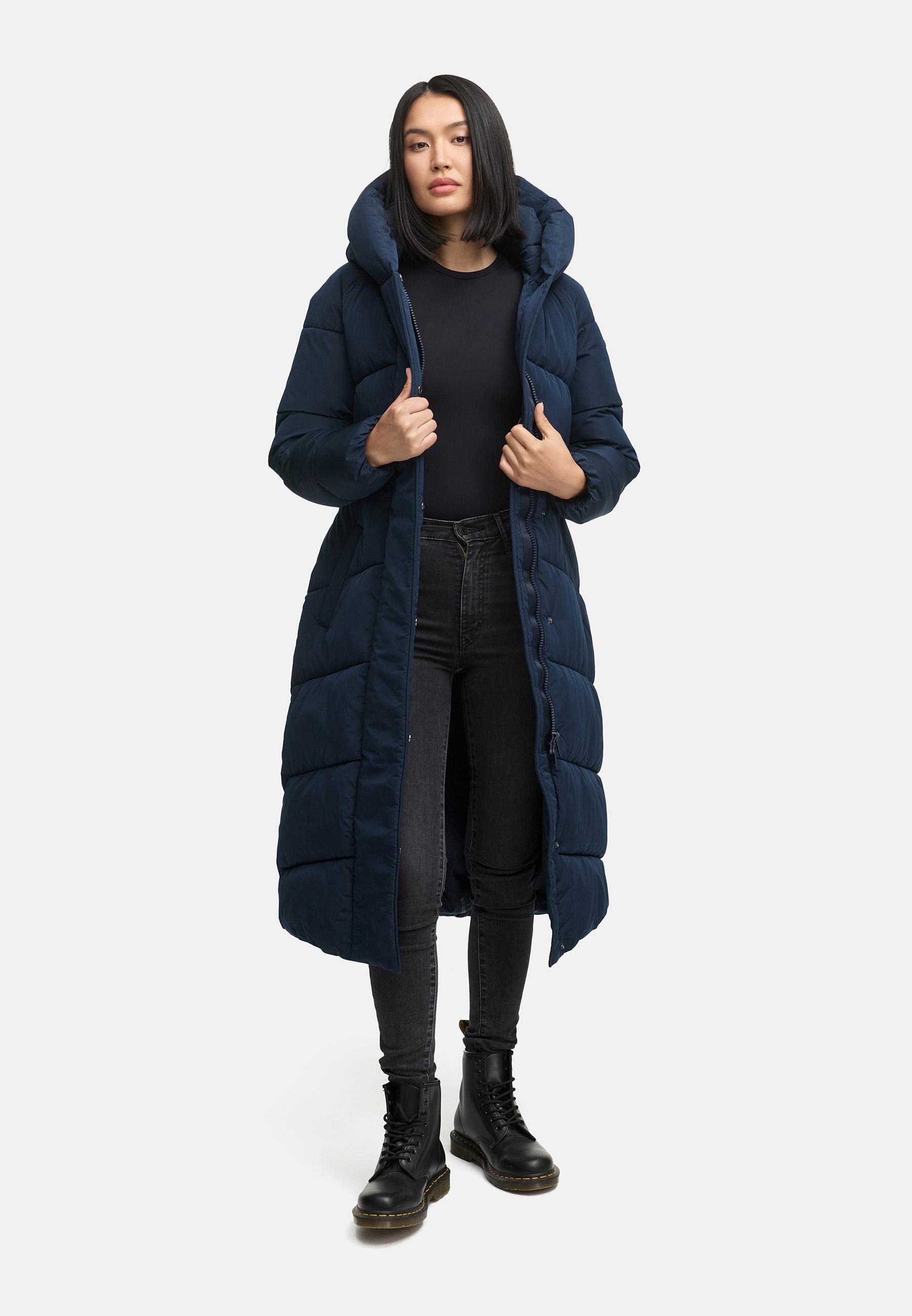 Winter Steppmantel mit Kapuze und Taillengürtel "Eisblick 14" Navy