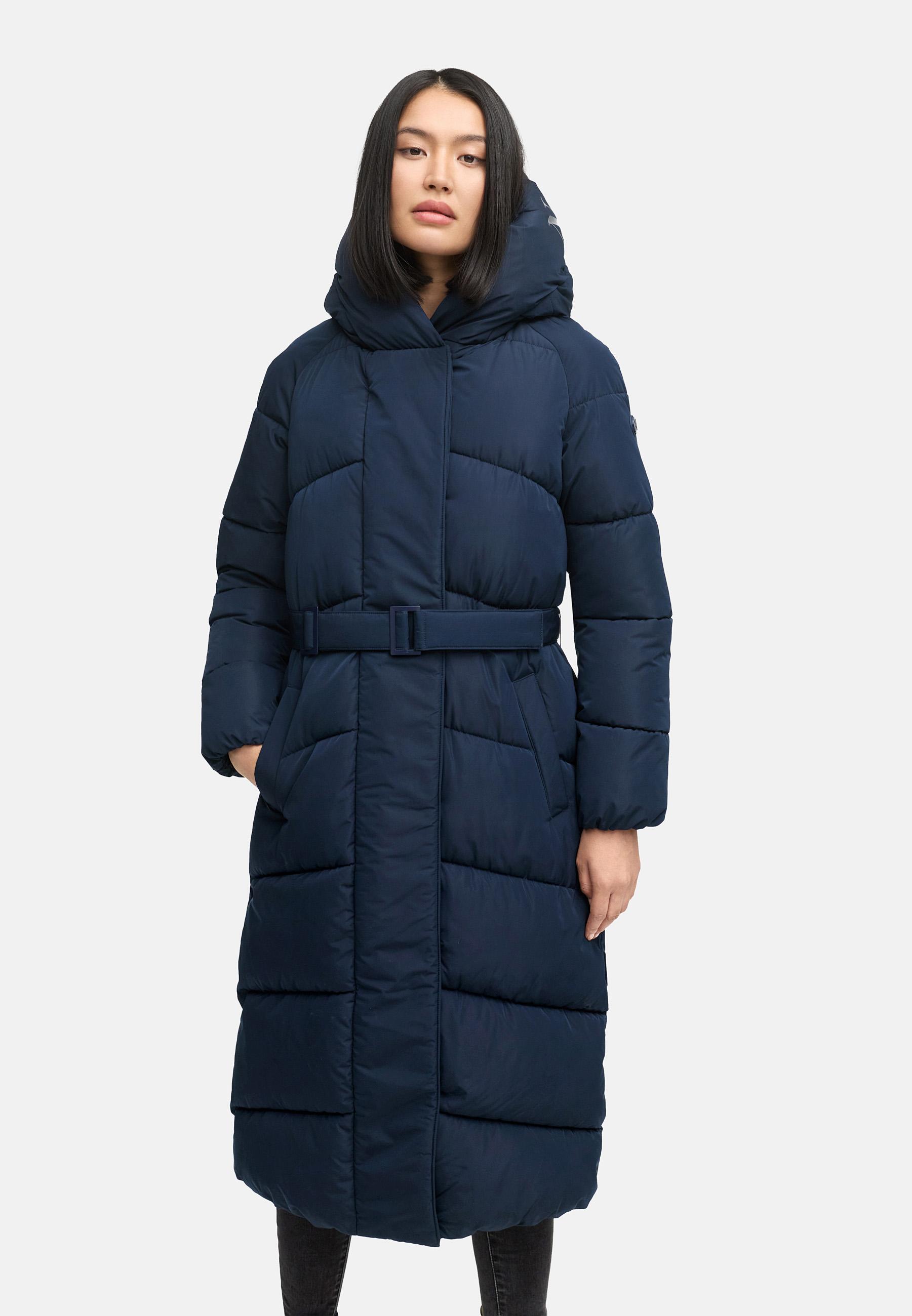 Winter Steppmantel mit Kapuze und Taillengürtel "Eisblick 14" Navy