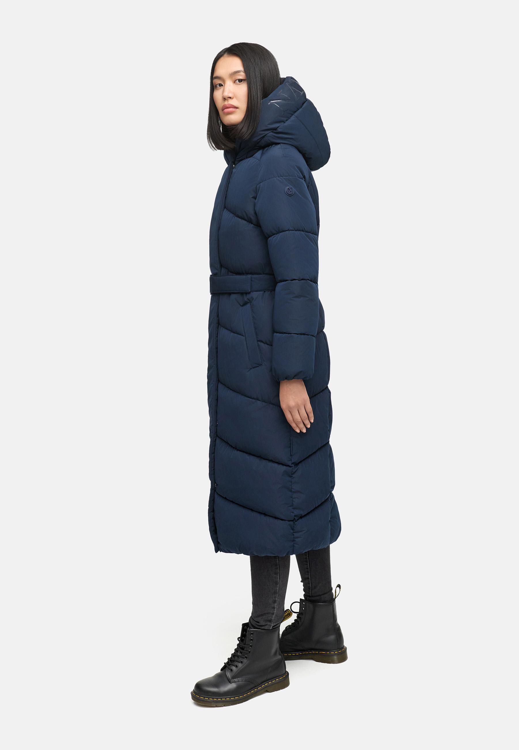 Winter Steppmantel mit Kapuze und Taillengürtel "Eisblick 14" Navy