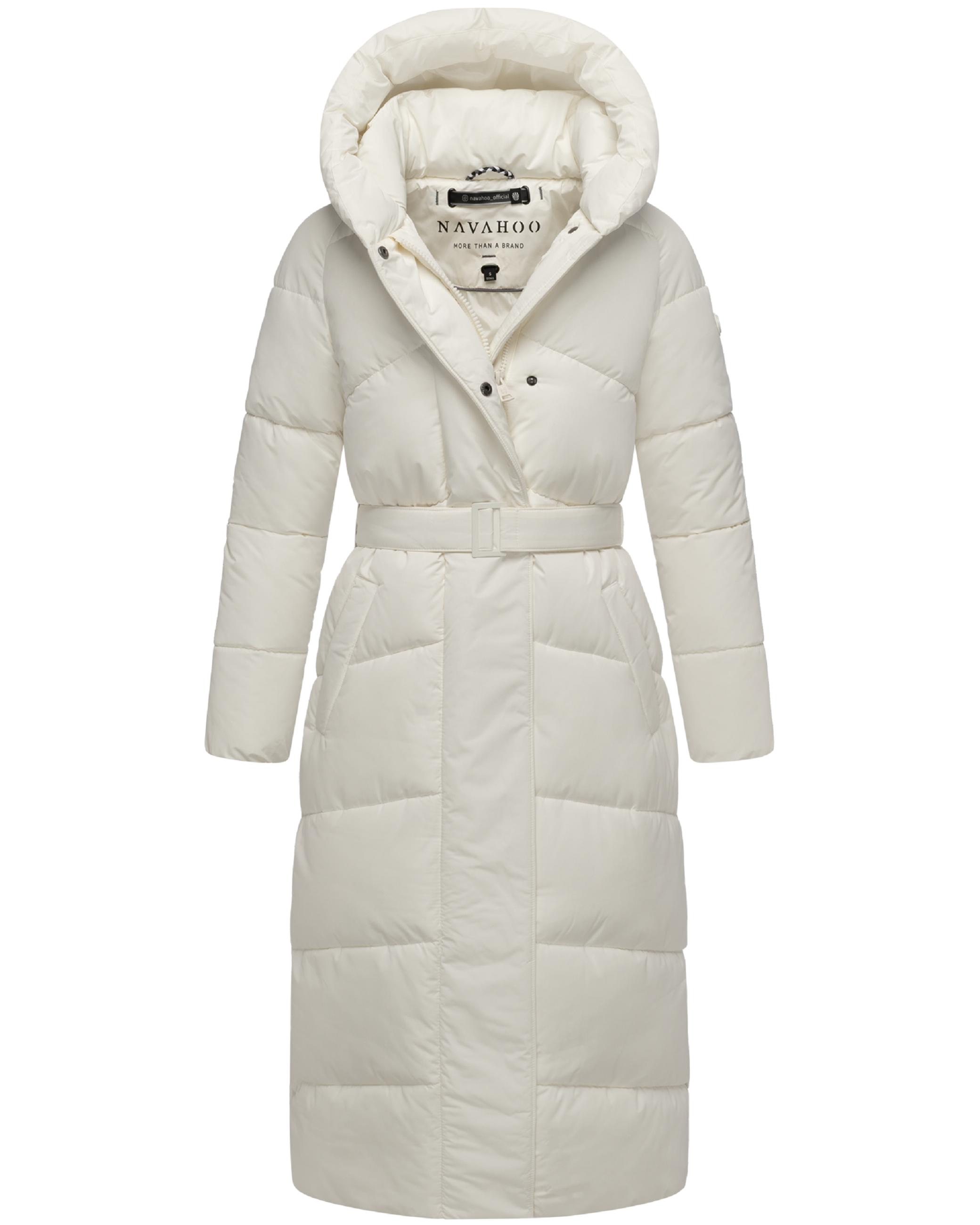 Winter Steppmantel mit Kapuze und Taillengürtel "Eisblick 14" Off White