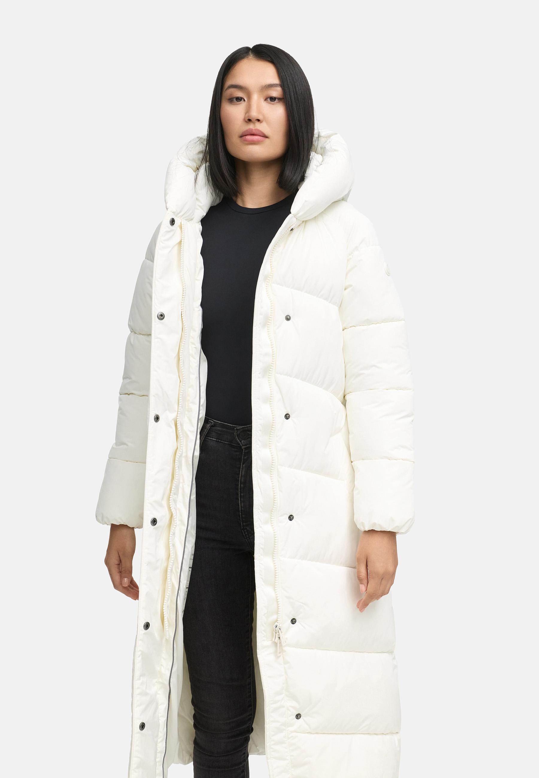 Winter Steppmantel mit Kapuze und Taillengürtel "Eisblick 14" Off White