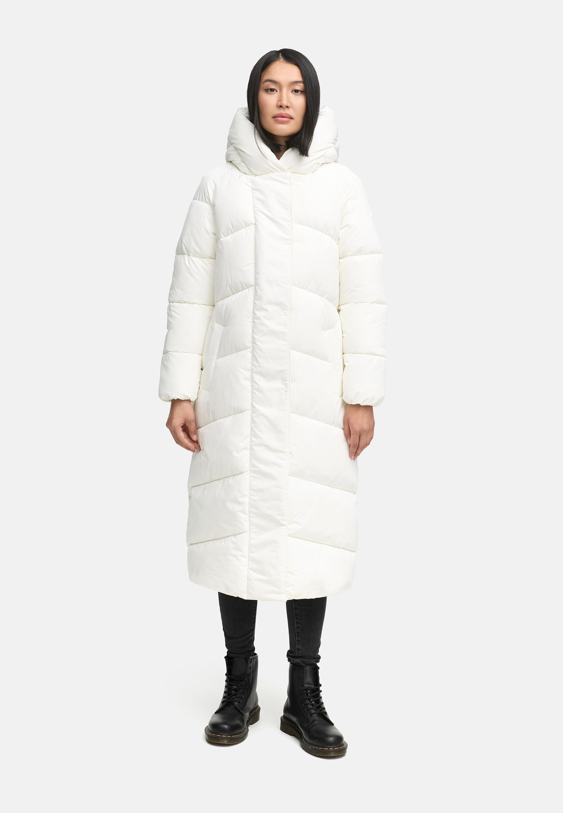 Winter Steppmantel mit Kapuze und Taillengürtel "Eisblick 14" Off White