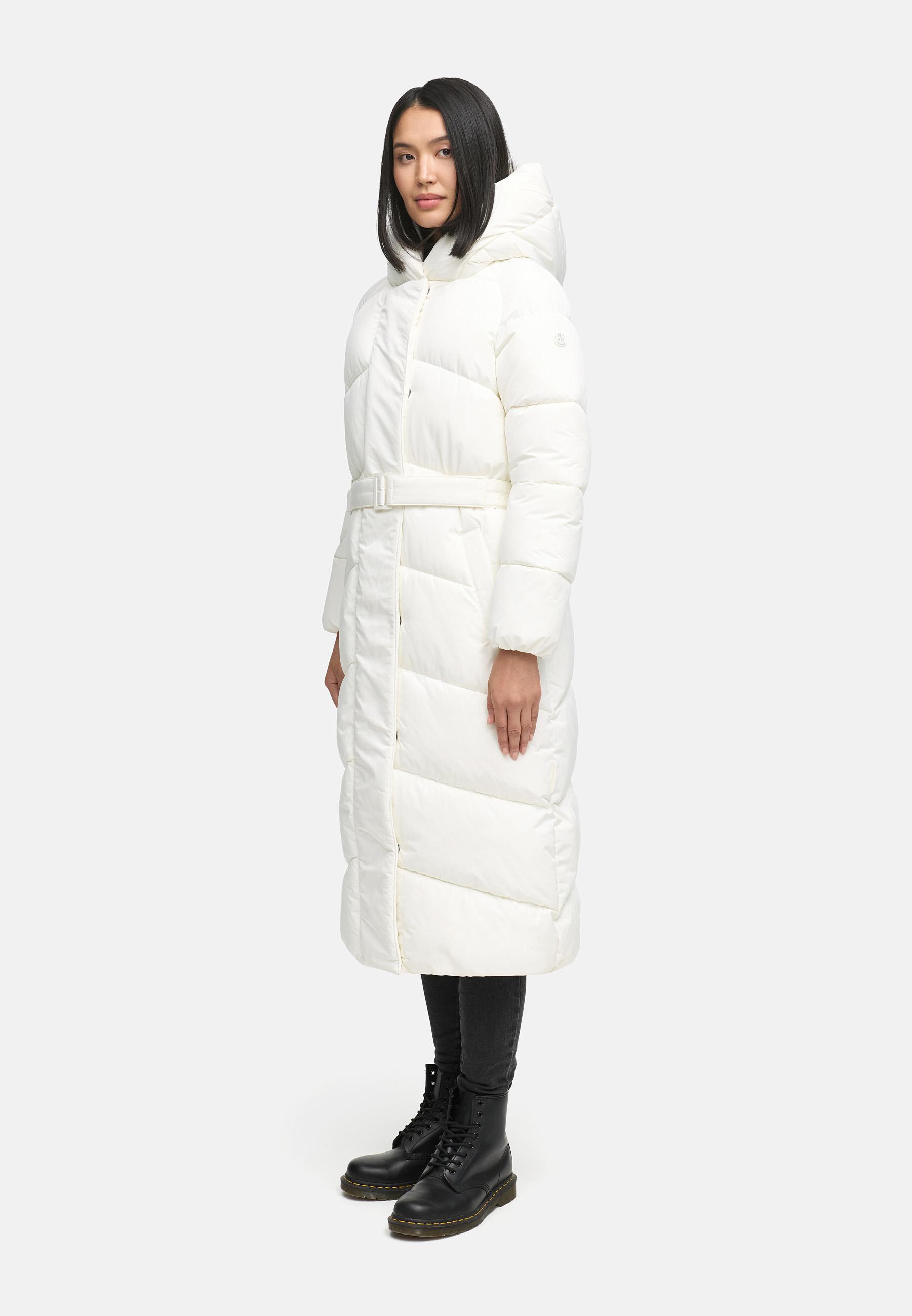 Winter Steppmantel mit Kapuze und Taillengürtel "Eisblick 14" Off White