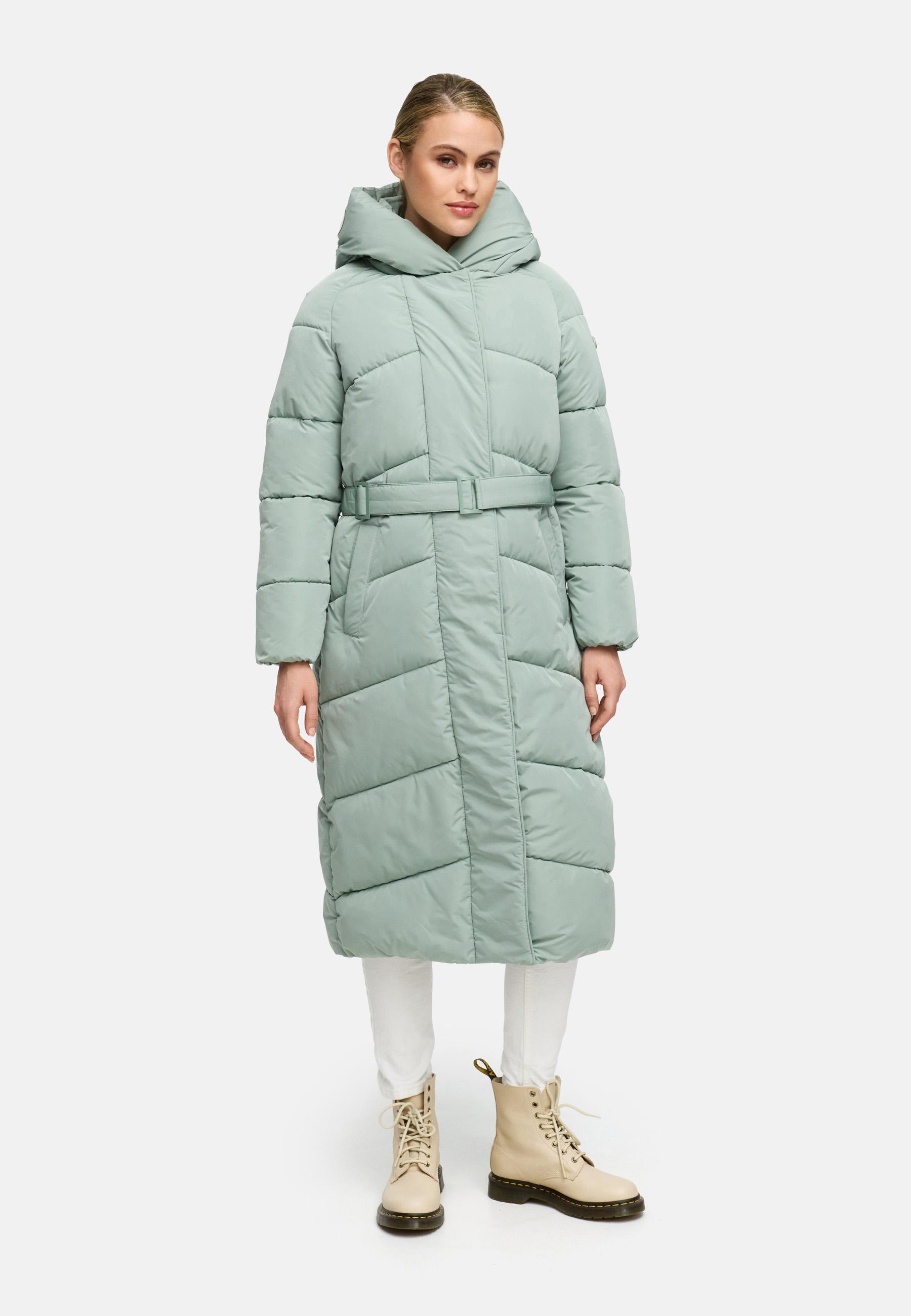 Winter Steppmantel mit Kapuze und Taillengürtel "Eisblick 14" Smokey Mint