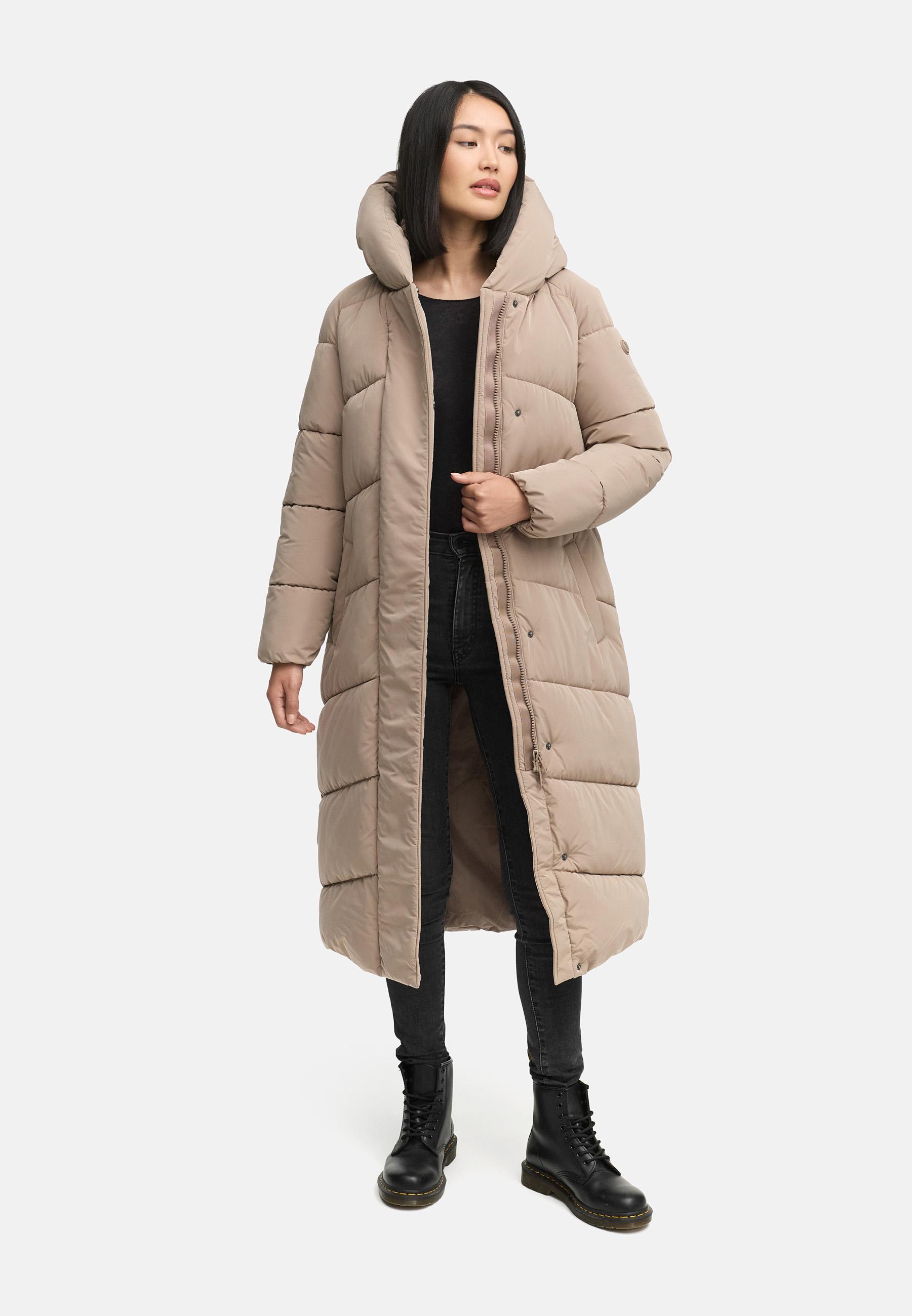 Winter Steppmantel mit Kapuze und Taillengürtel "Eisblick 14" Taupe Grey