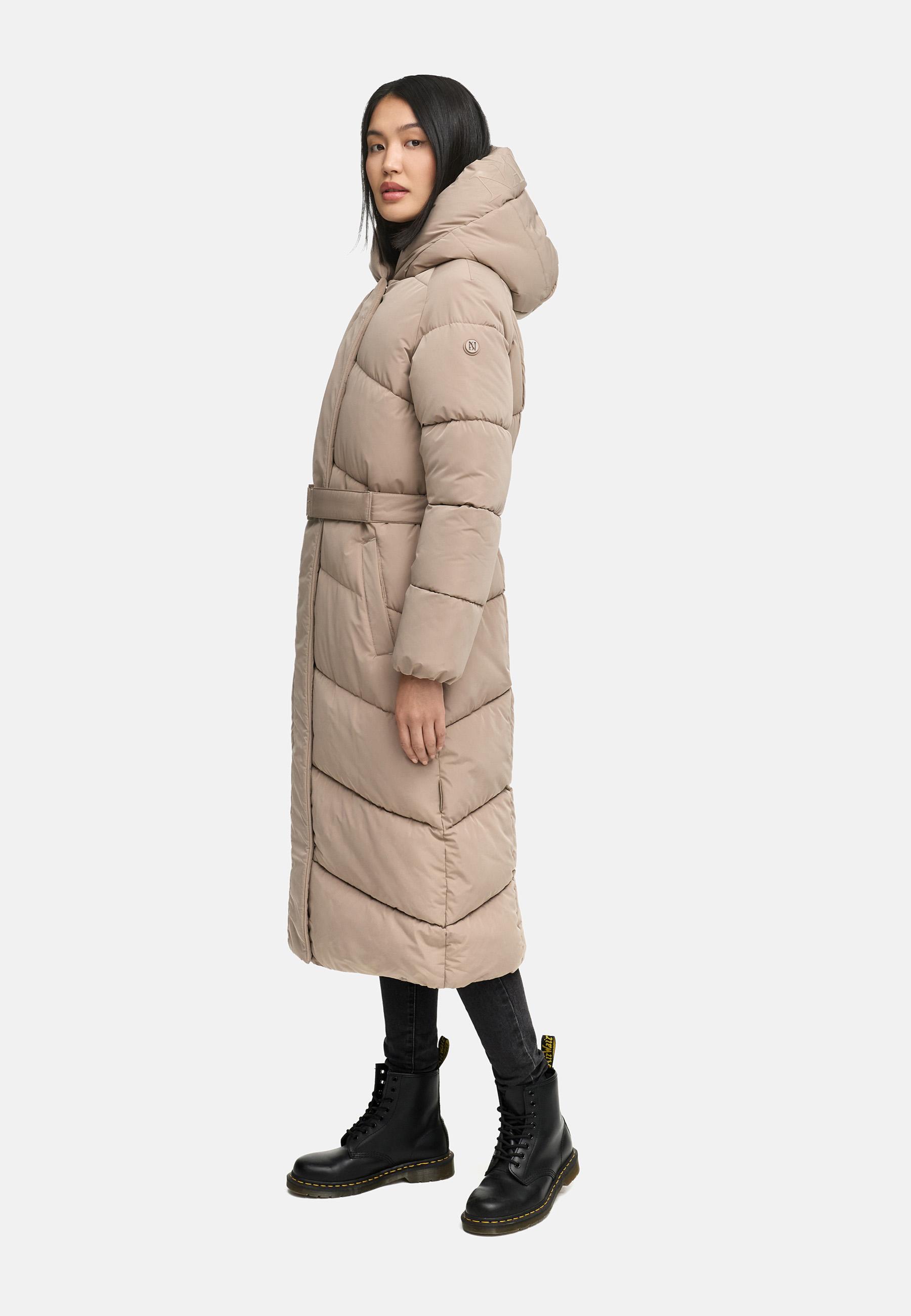 Winter Steppmantel mit Kapuze und Taillengürtel "Eisblick 14" Taupe Grey
