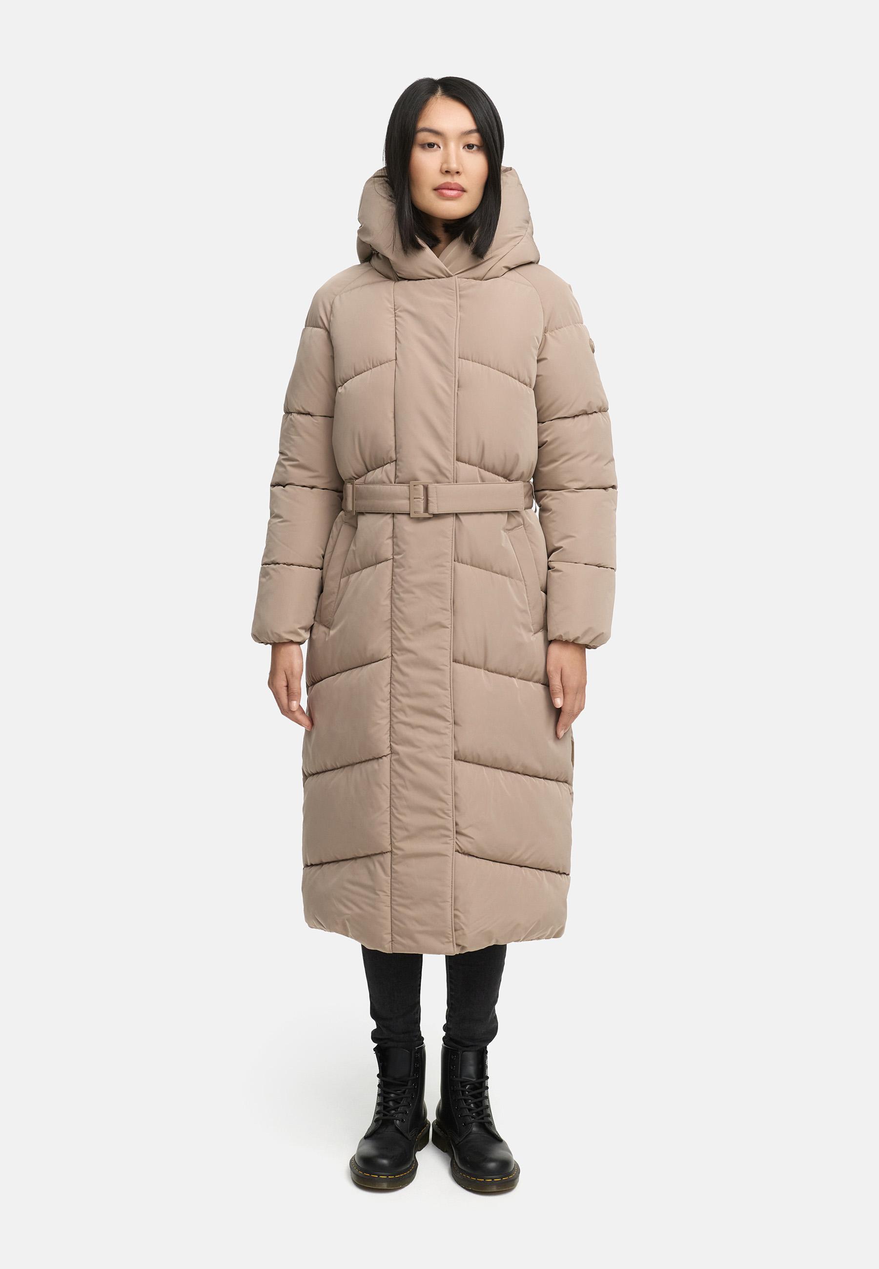 Winter Steppmantel mit Kapuze und Taillengürtel "Eisblick 14" Taupe Grey