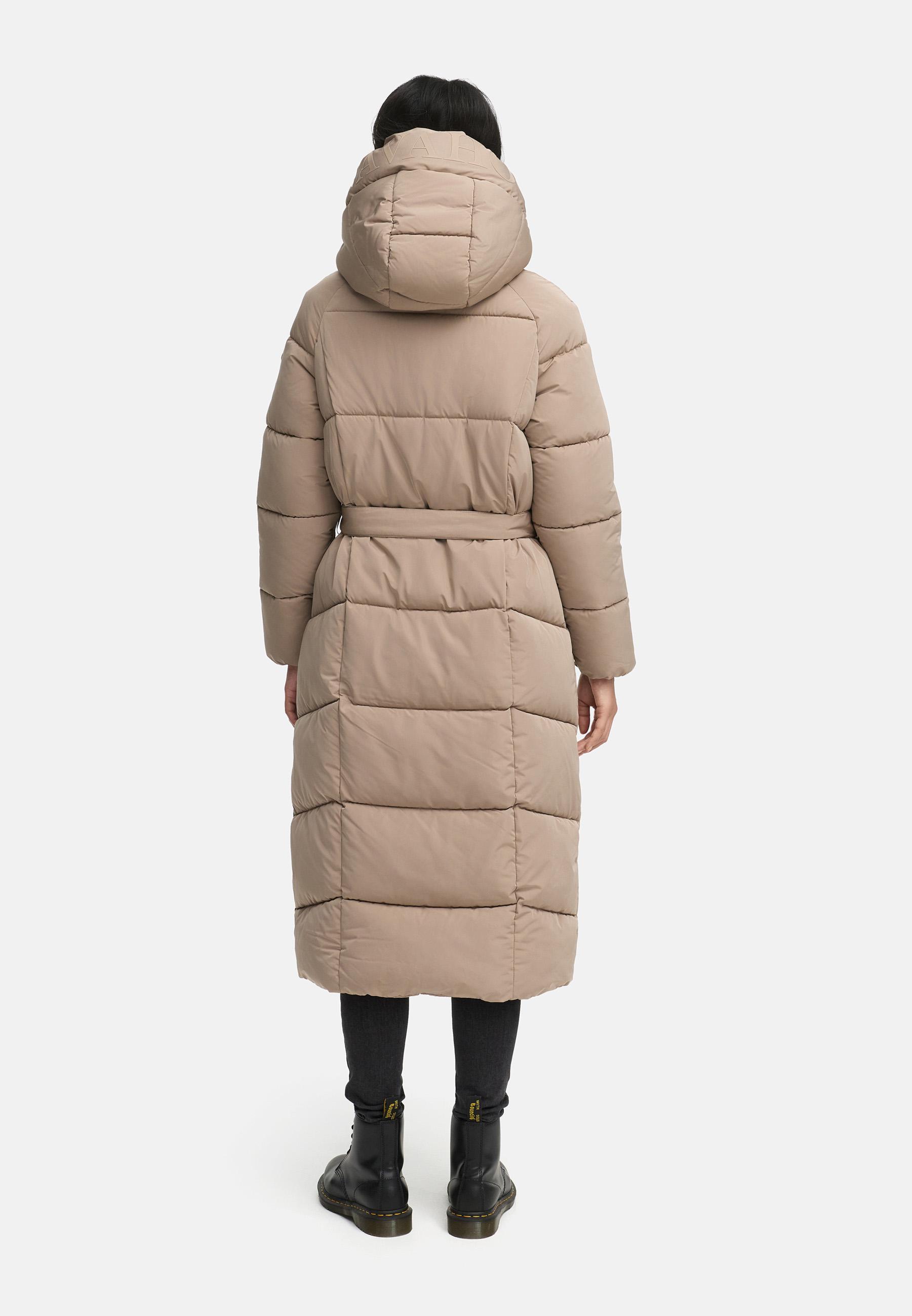Winter Steppmantel mit Kapuze und Taillengürtel "Eisblick 14" Taupe Grey
