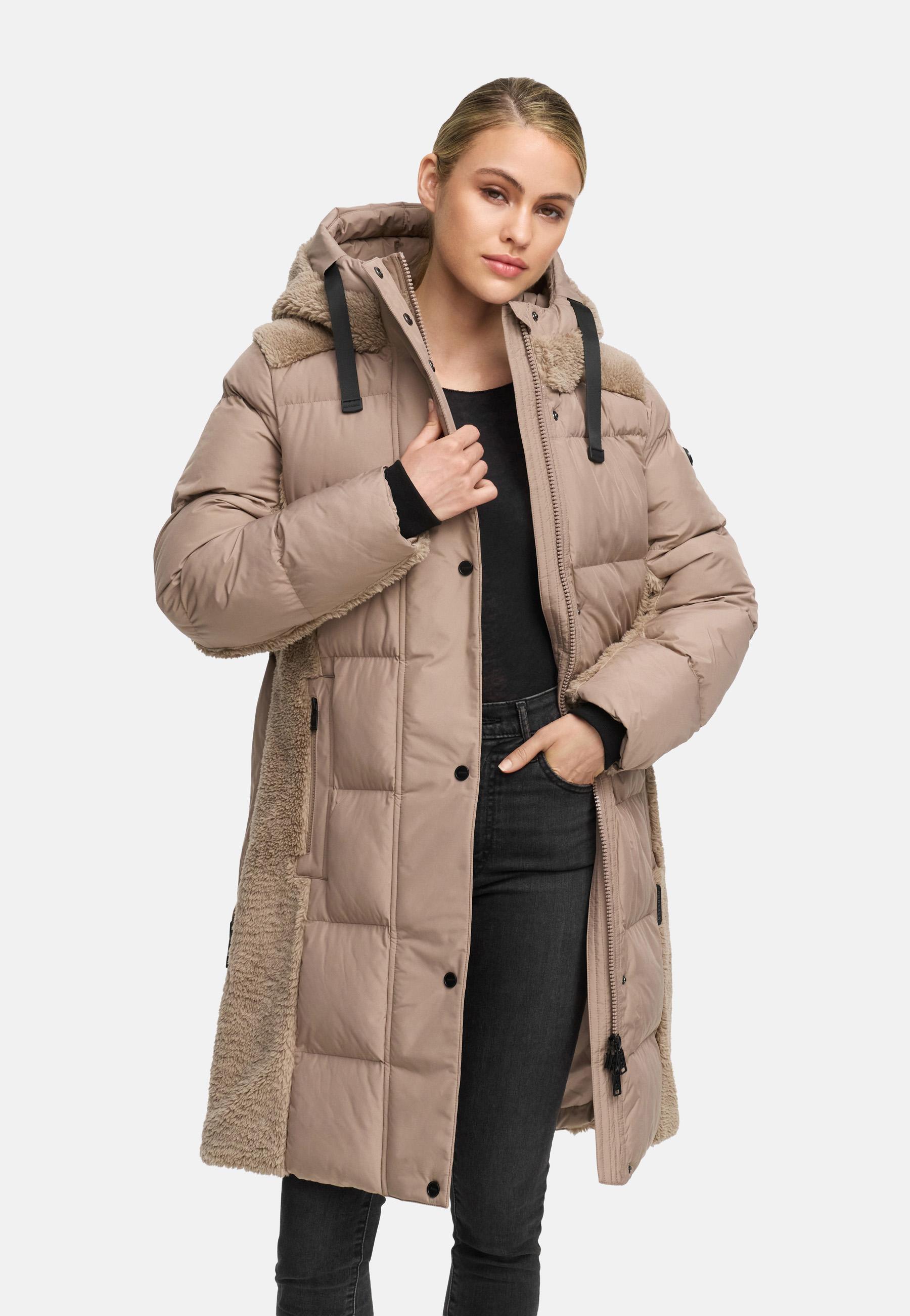 Wintermantel mit Teddyplüsch-Akzenten "Funkelteddy 14" Taupe Grey