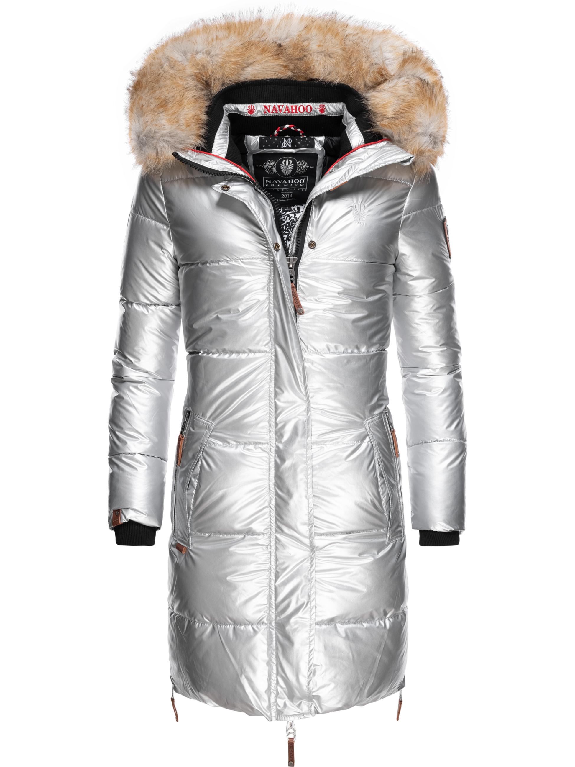 Langer Winter Steppmantel mit Kunstfellkapuze "Halina" Silber