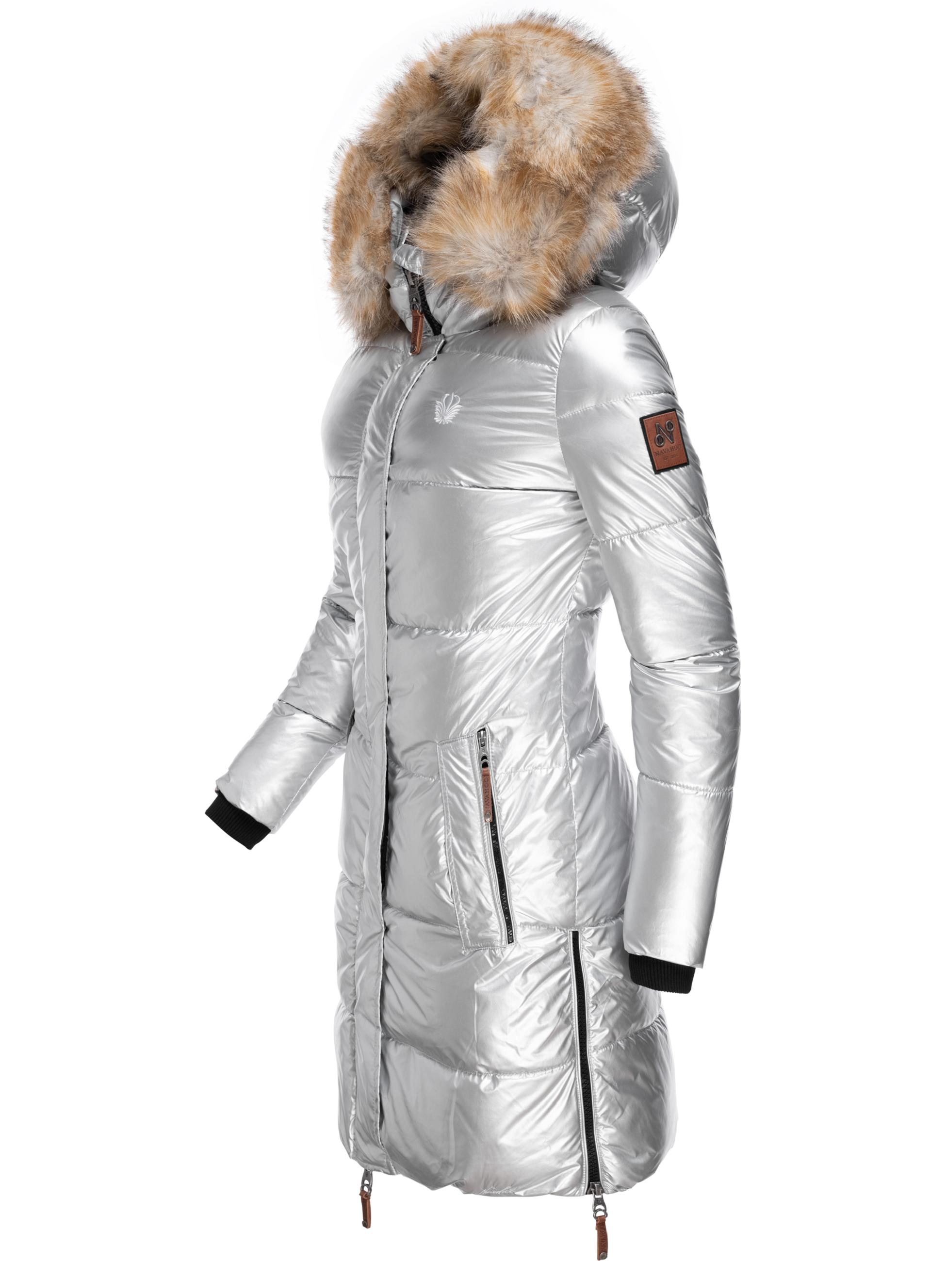 Langer Winter Steppmantel mit Kunstfellkapuze "Halina" Silber