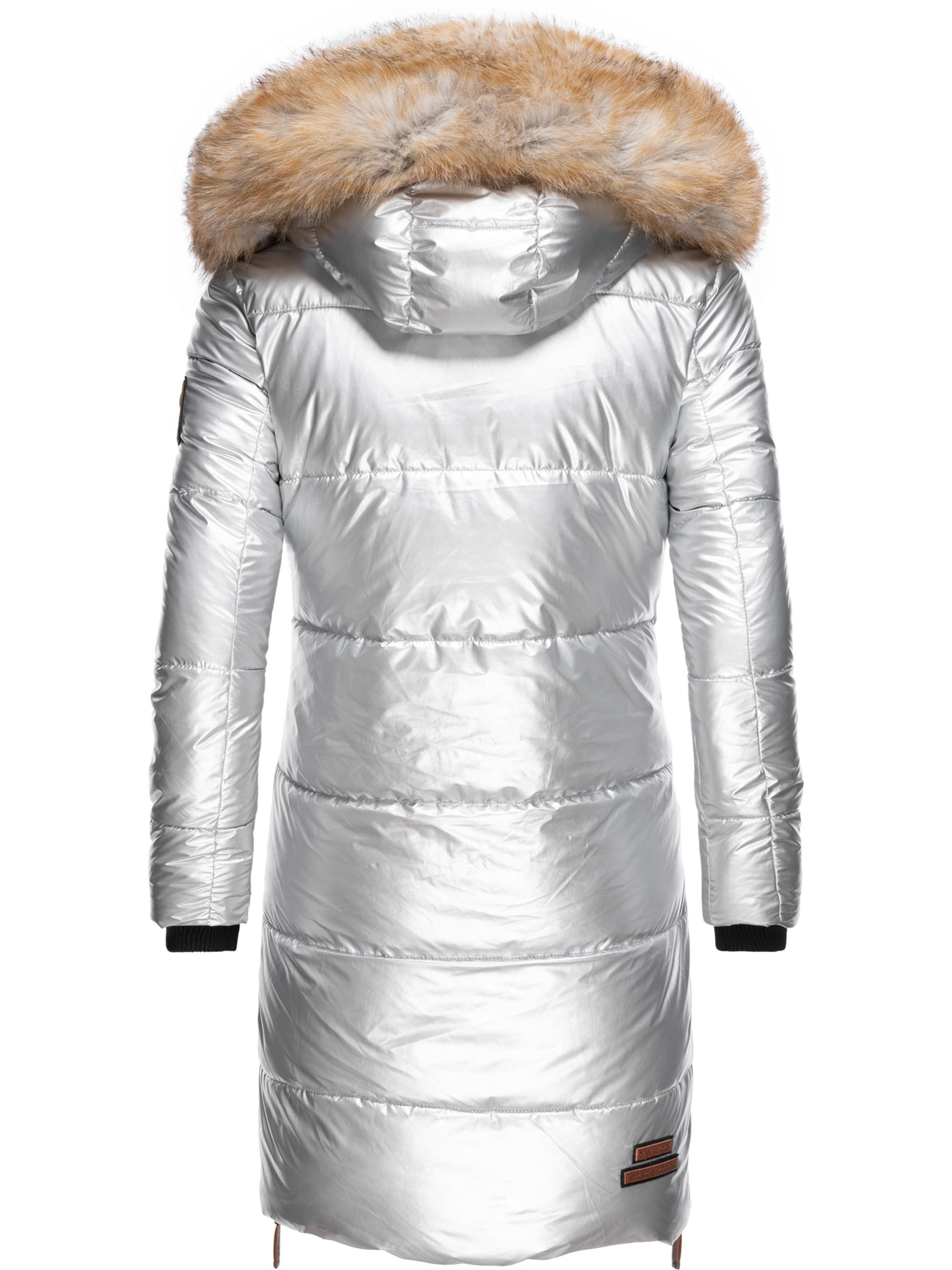 Langer Winter Steppmantel mit Kunstfellkapuze "Halina" Silber
