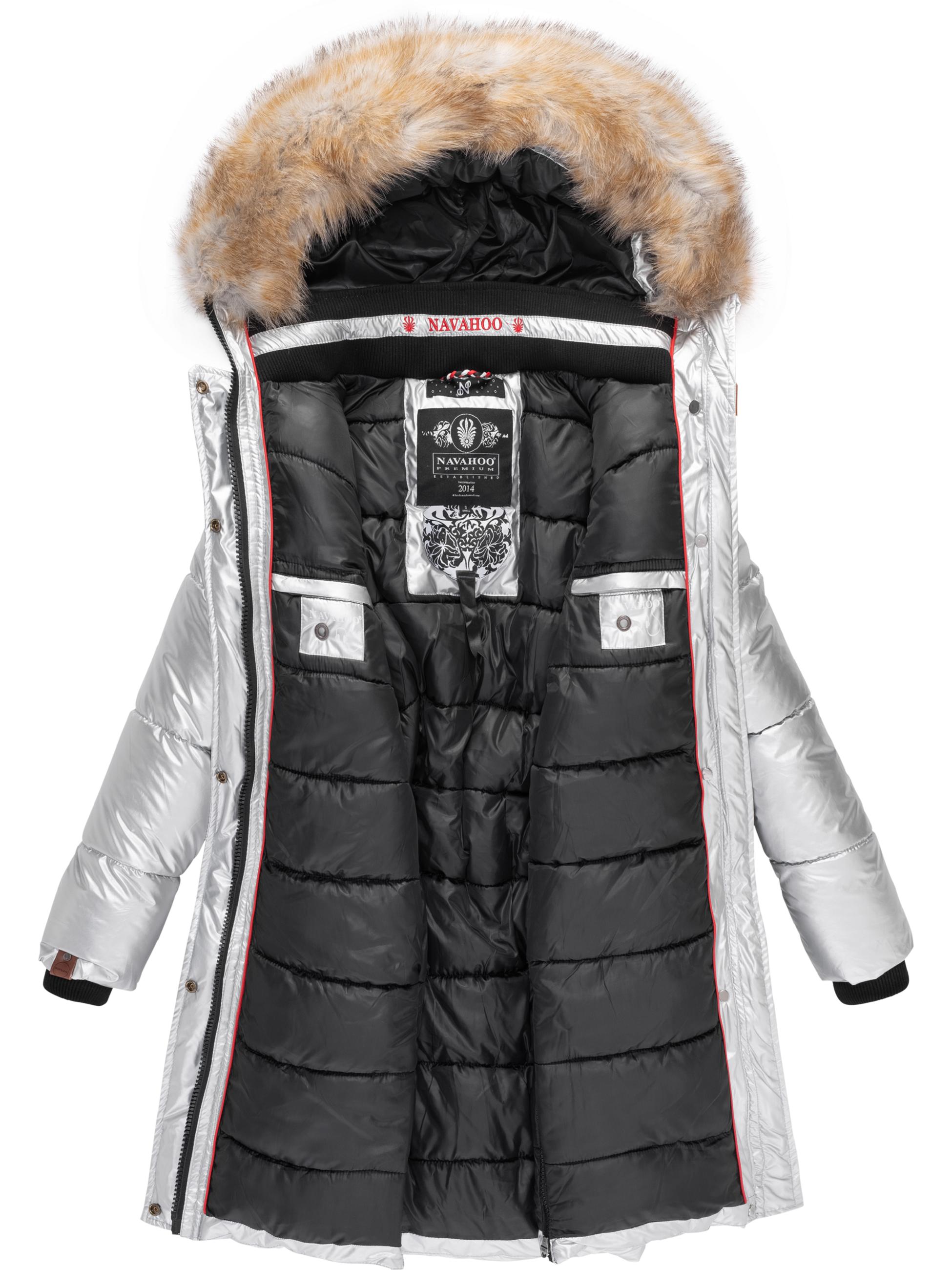 Langer Winter Steppmantel mit Kunstfellkapuze "Halina" Silber