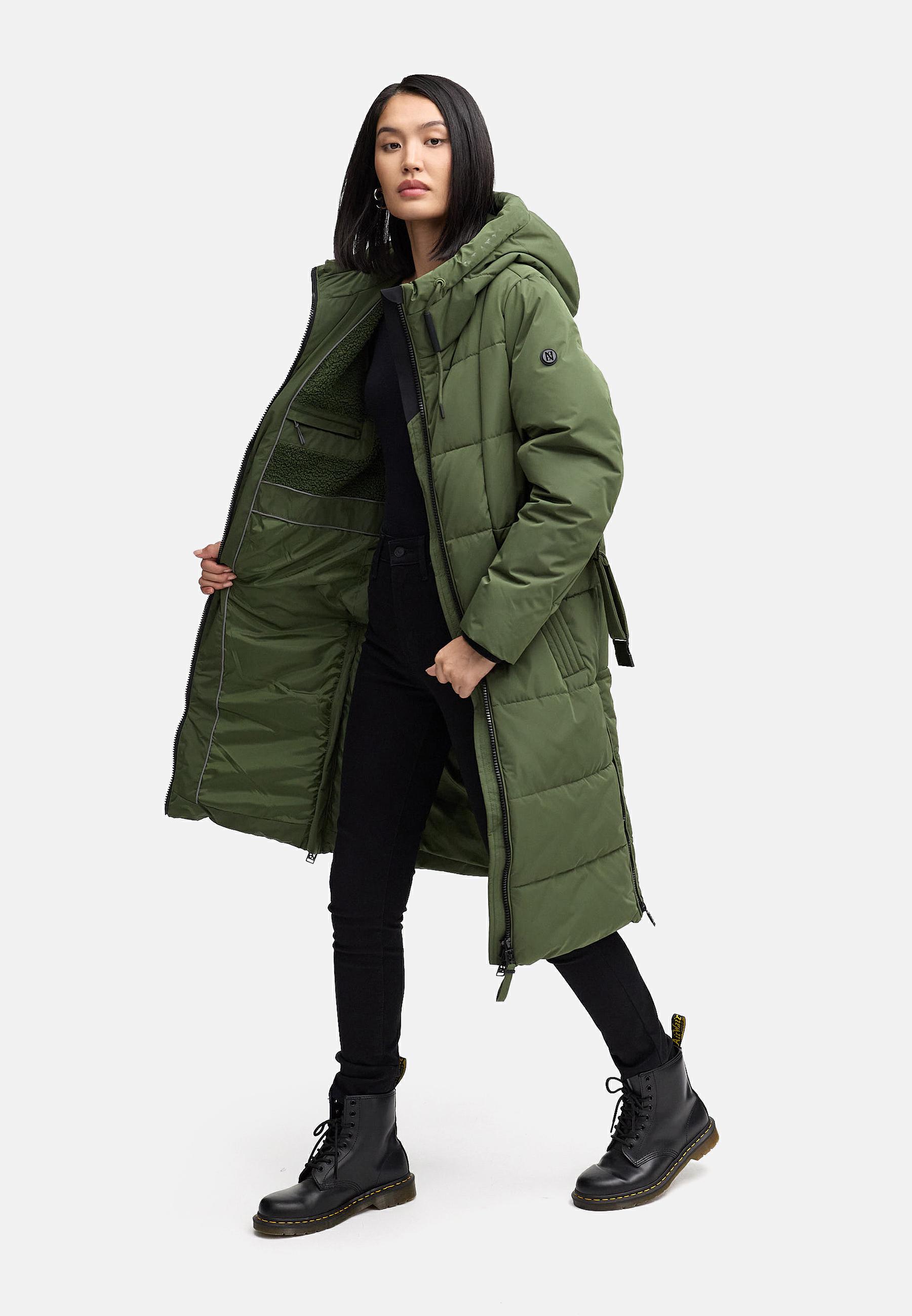 Warmer Steppmantel mit Taillengürtel "Herbstnebel 14" Pine Olive