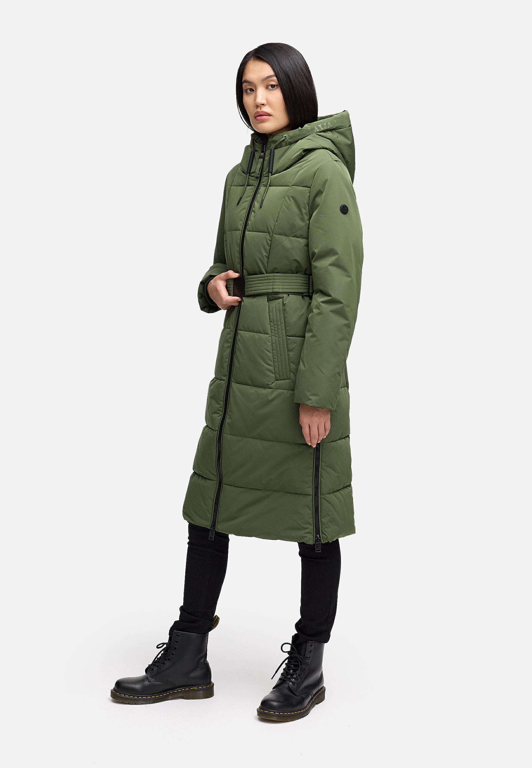 Warmer Steppmantel mit Taillengürtel "Herbstnebel 14" Pine Olive