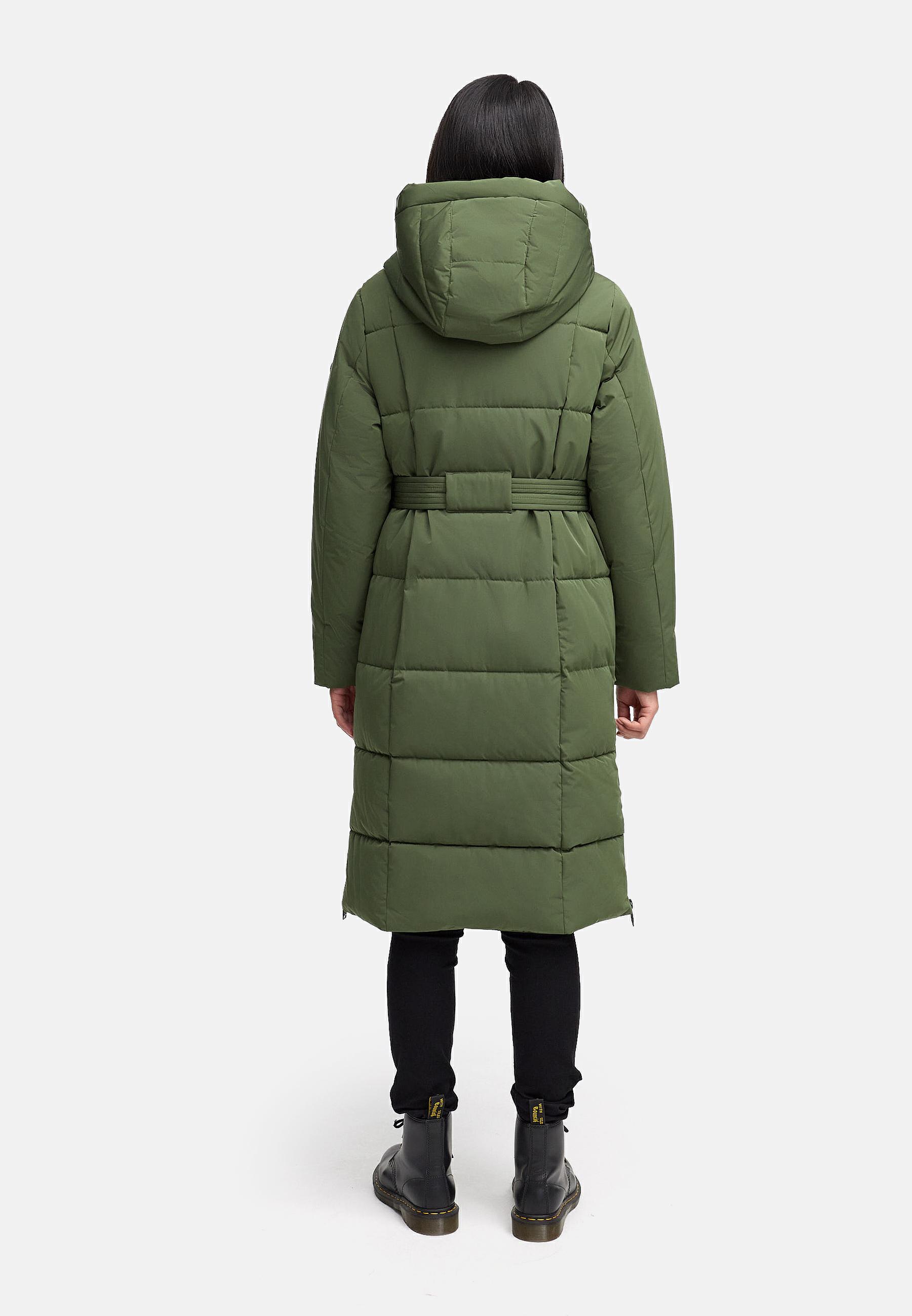 Warmer Steppmantel mit Taillengürtel "Herbstnebel 14" Pine Olive