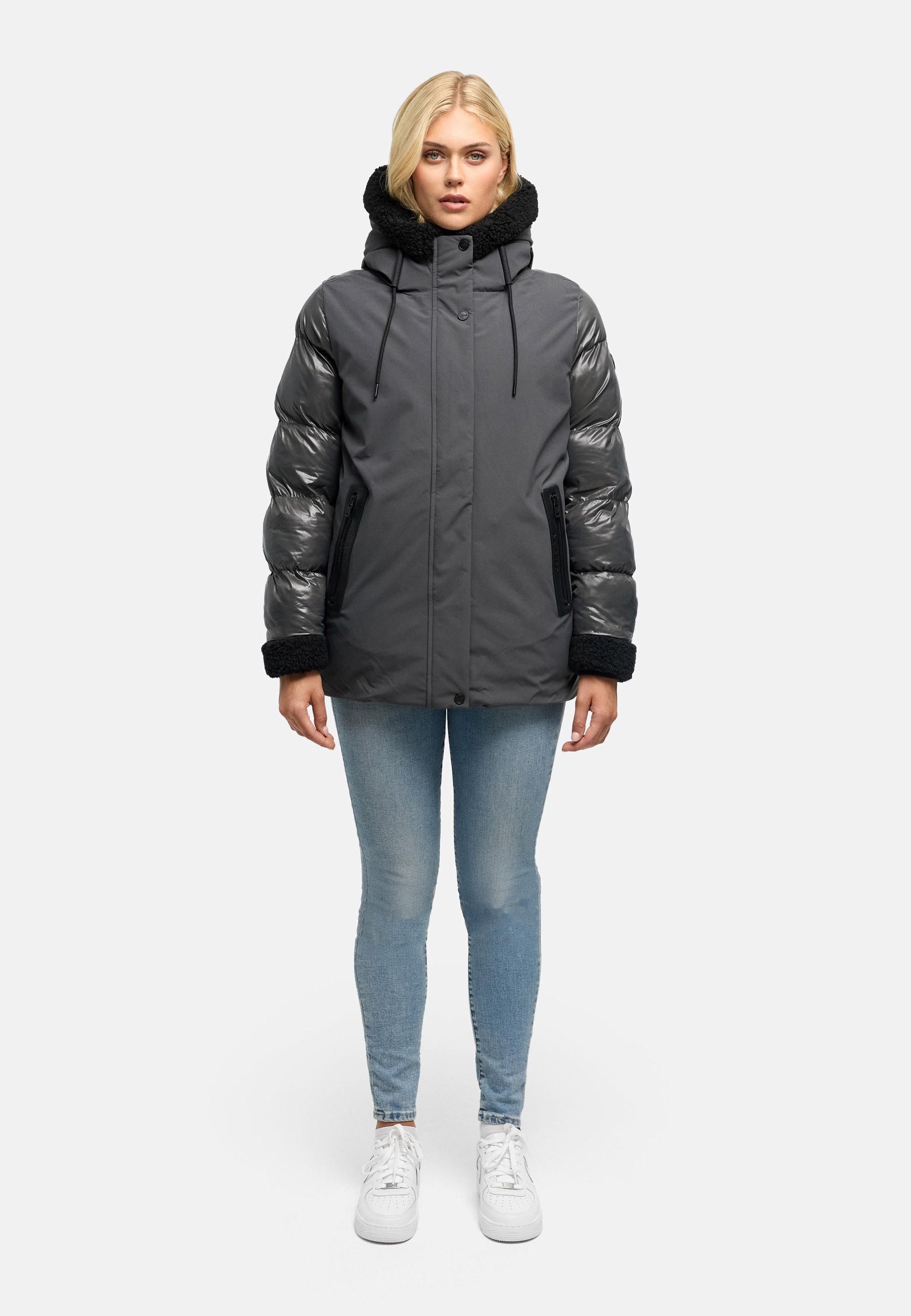 Warme Jacke mit Teddy-Kunstfell Details "Herzschmelz 14" Anthracite