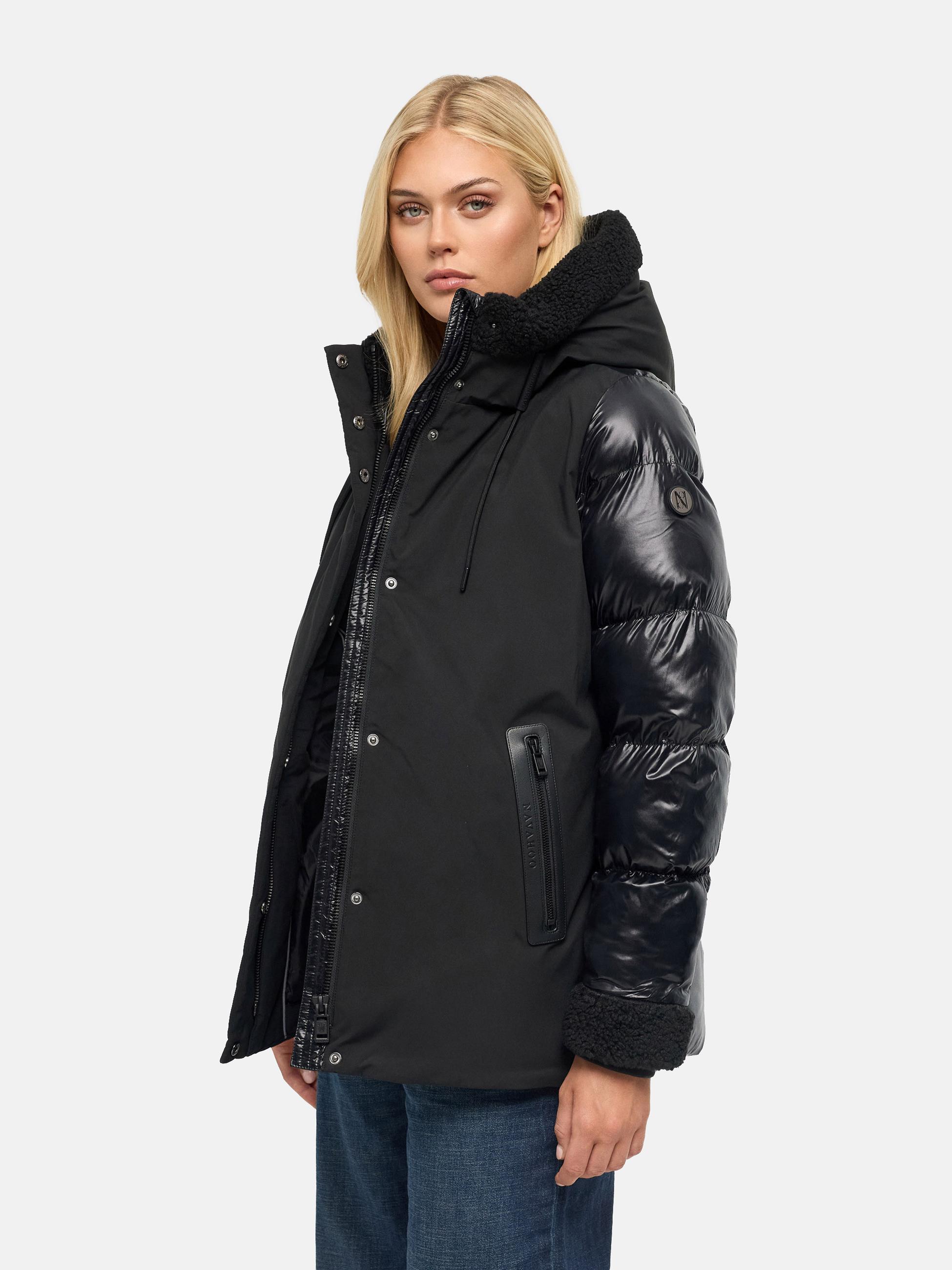 Warme Jacke mit Teddy-Kunstfell Details "Herzschmelz 14" Black